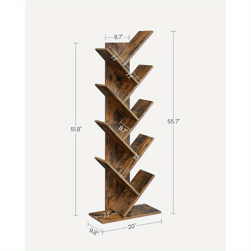 9-Tier Tree Bookshelf, Space-Saving Wooden Corner Shelf for Books, CDs, Games - Sturdy & Secure, Ideal for Bedroom, Living Room, Home Office Decor, Bookshelf Decorations