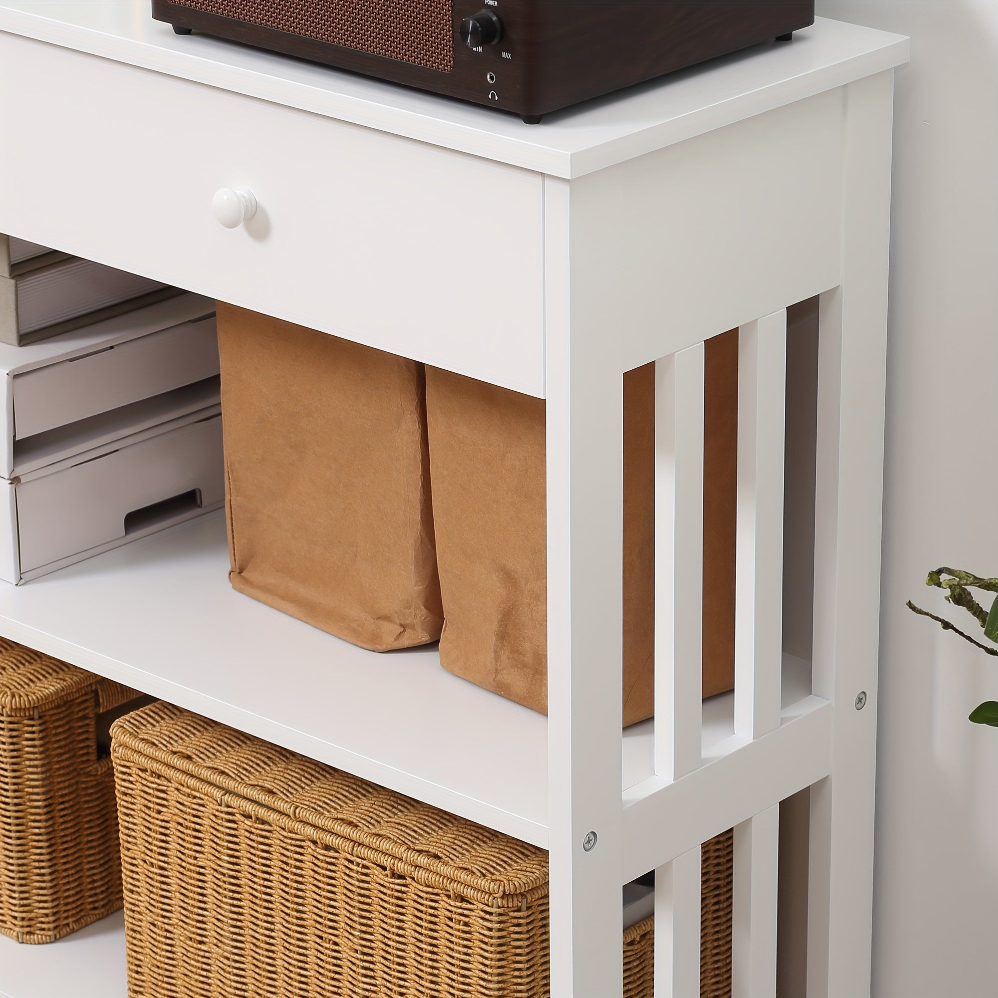 Console Hallway Table with Extra Wide Pull-Out Drawer, 2 Open Shelves, and Slatted Wood Frame Design, White (Measurements in cm)