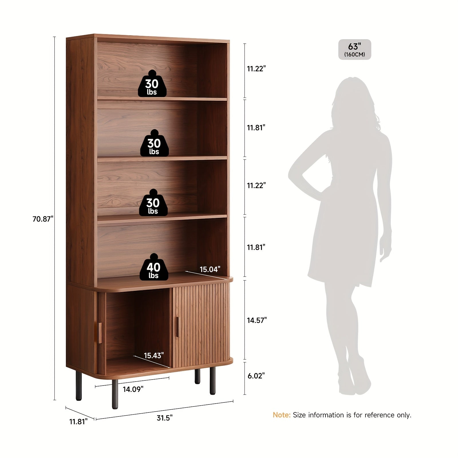 180cm Bookcase 4 Shelves Bookcase With Storage Cabinets And Adjustable Storage Shelves With Sliding Doors And Adjustable Feet For Home Office, Living Room Walnut