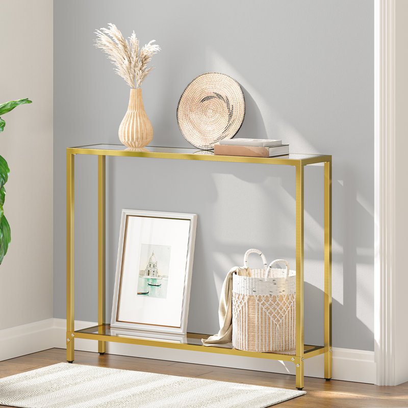 1pc Rustic Golden Metal Frame Console Table with Tempered Glass Top, Multifunctional Sofa Table for Living Room, Hallway - No Electricity Needed, Modern Narrow Couch Table (Measurements in cm)