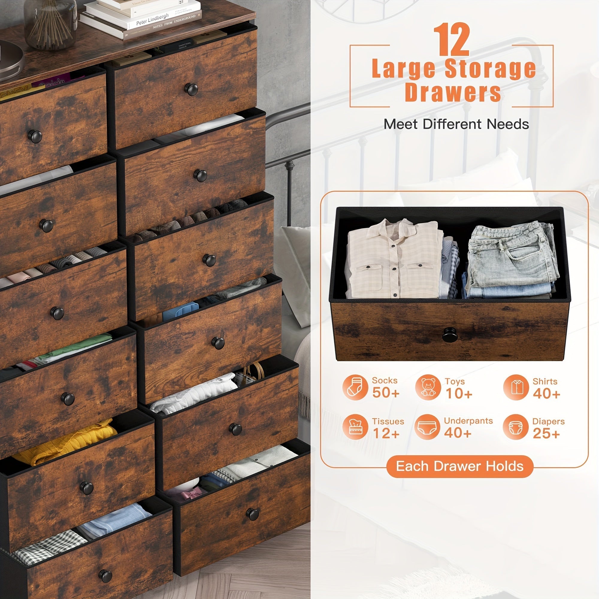 Tall Dresser For Bedroom, 12 Drawer Dresser For Bedroom, Fabric Dresser & Chest Of Drawers For Bedroom Dressers With 12 Large Drawers For Closet Living Room Entryway, 34.7"Dx11.8"Wx52.4"H Storage Drawer Units