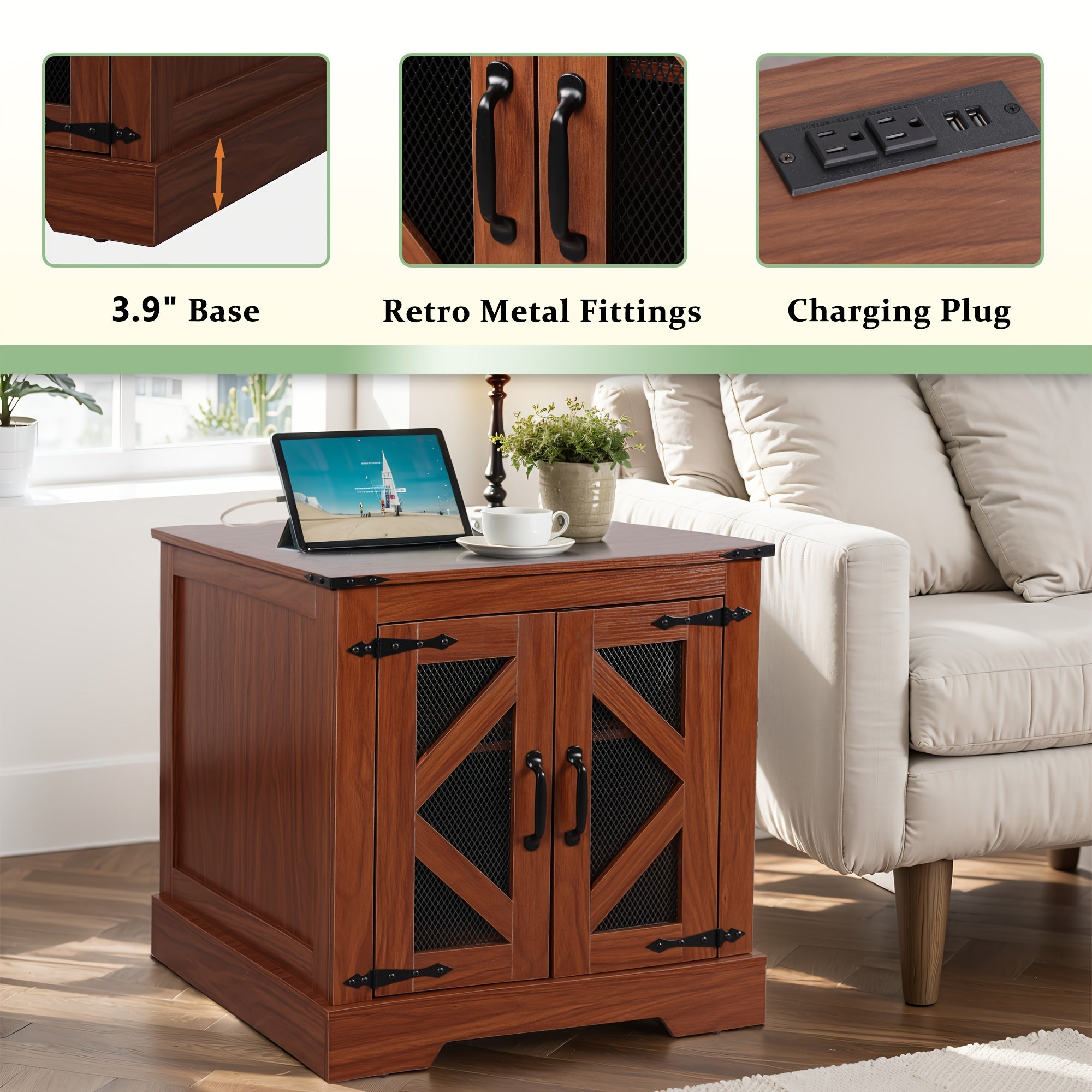 60cm Wood Farmhouse Night Stand With Charging Station, Storage Drawer Units, Bed Side Table Square End Table For Living Room, Bedroom