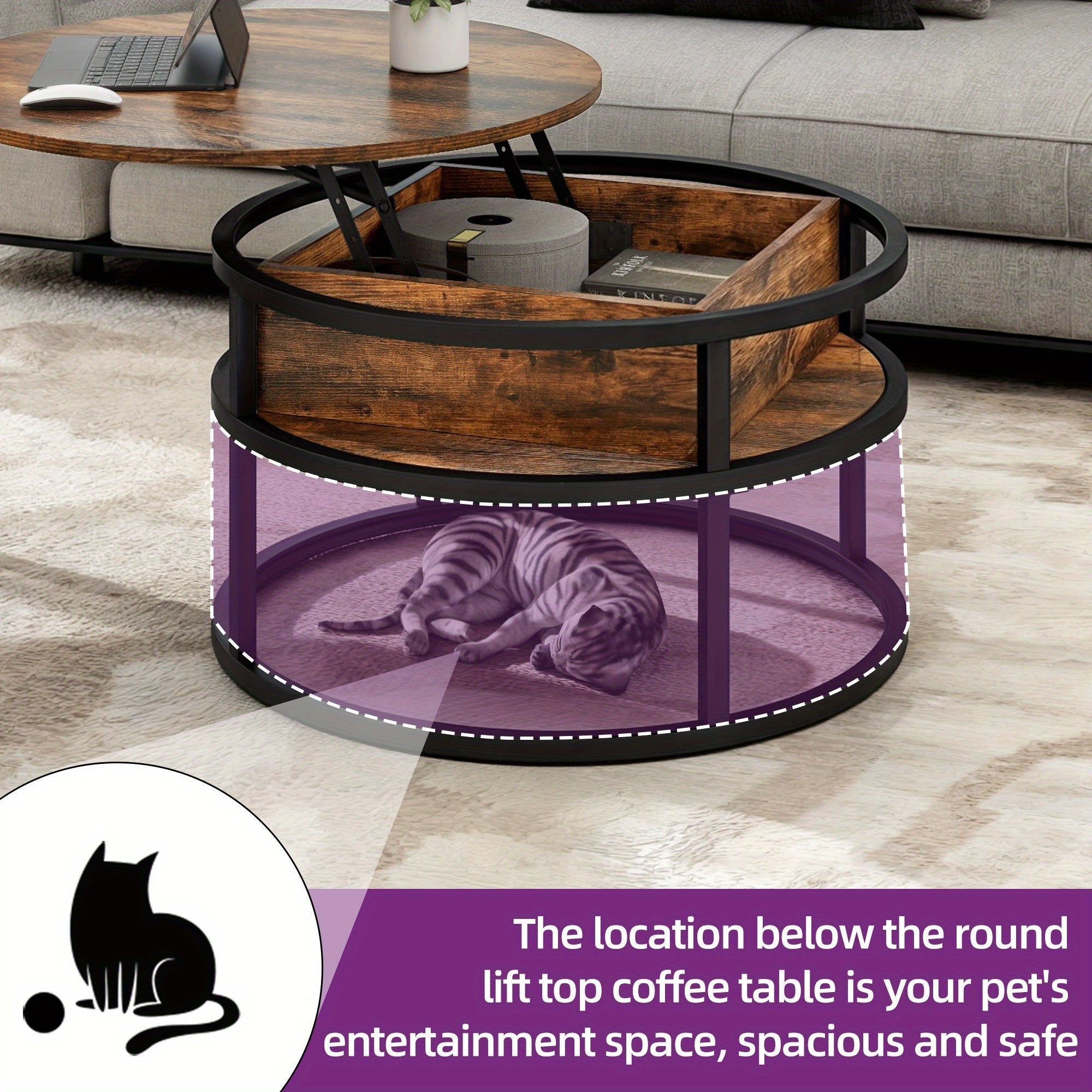 Round Lift Top Coffee Table Hidden Storage Shelf Pet Friendly Scratchproof Wood