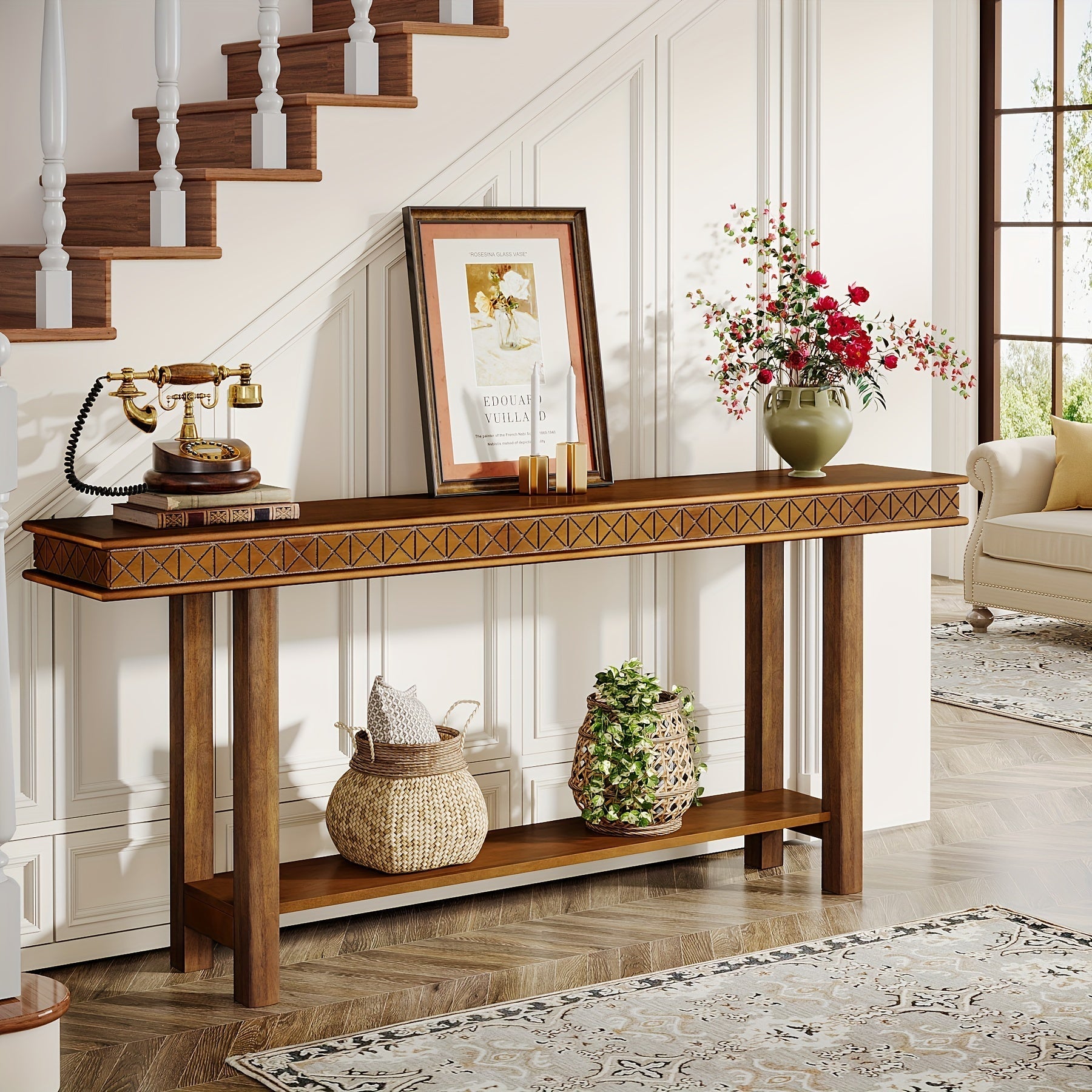 180 cm Extra Long Console Table, Wood Sofa Table Behind Couch Narrow Long, 2-Tier Entryway Accent Table with Storage for Living Room, Hallway, Entrance, Foyer