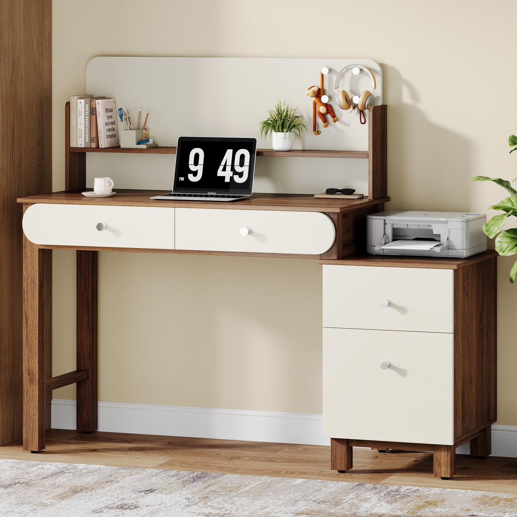 142 cm Computer Desk, Home Office Desk Study Table with File Drawers