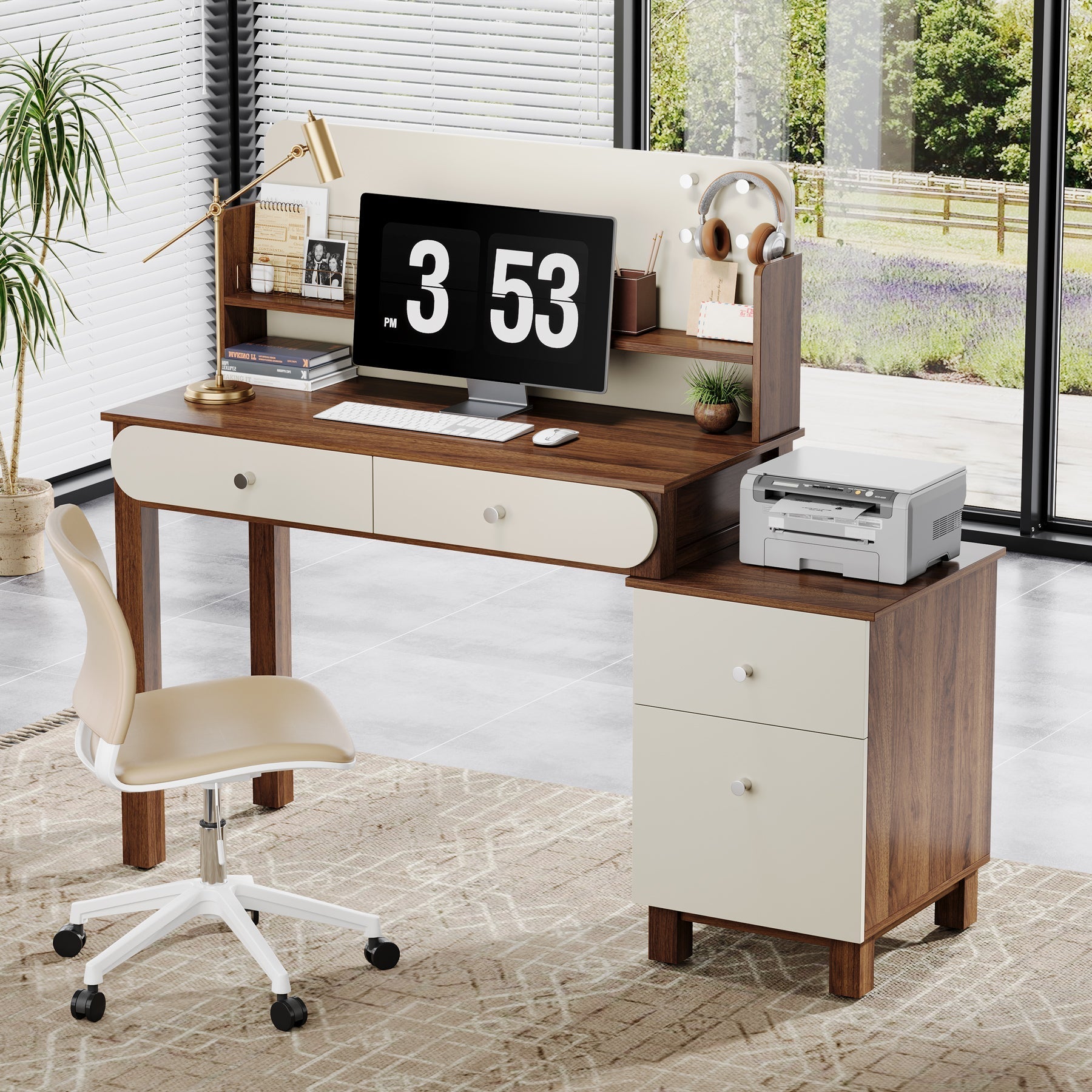 142 cm Computer Desk, Home Office Desk Study Table with File Drawers