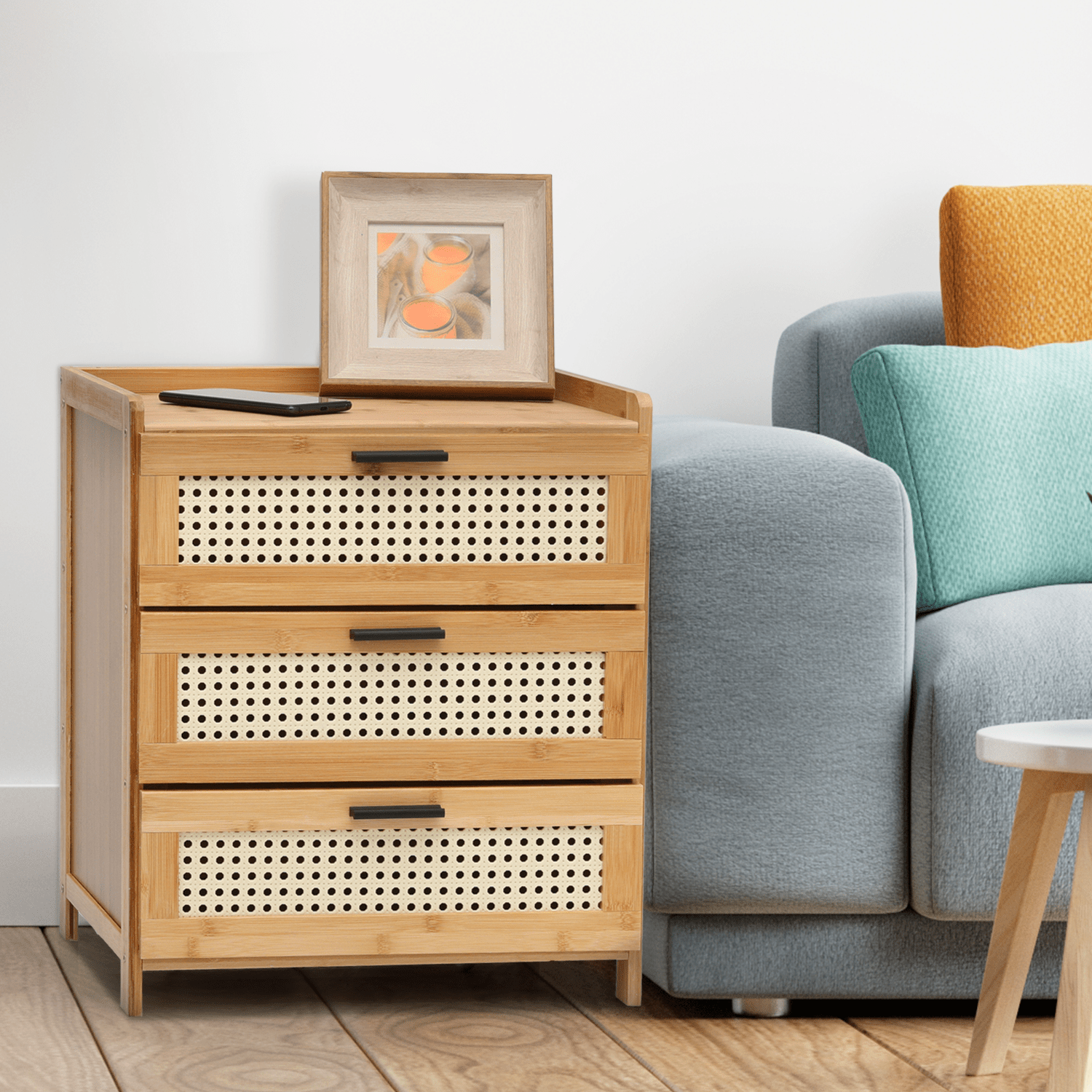 Boho Nightstand with 3 Drawers Rattan Pattern Modern End Table, 20" Bamboo Sofa Side Table Bedside Table for Small Space, Accent Side Table Chest of Drawers for Bedroom Living Room, Natural