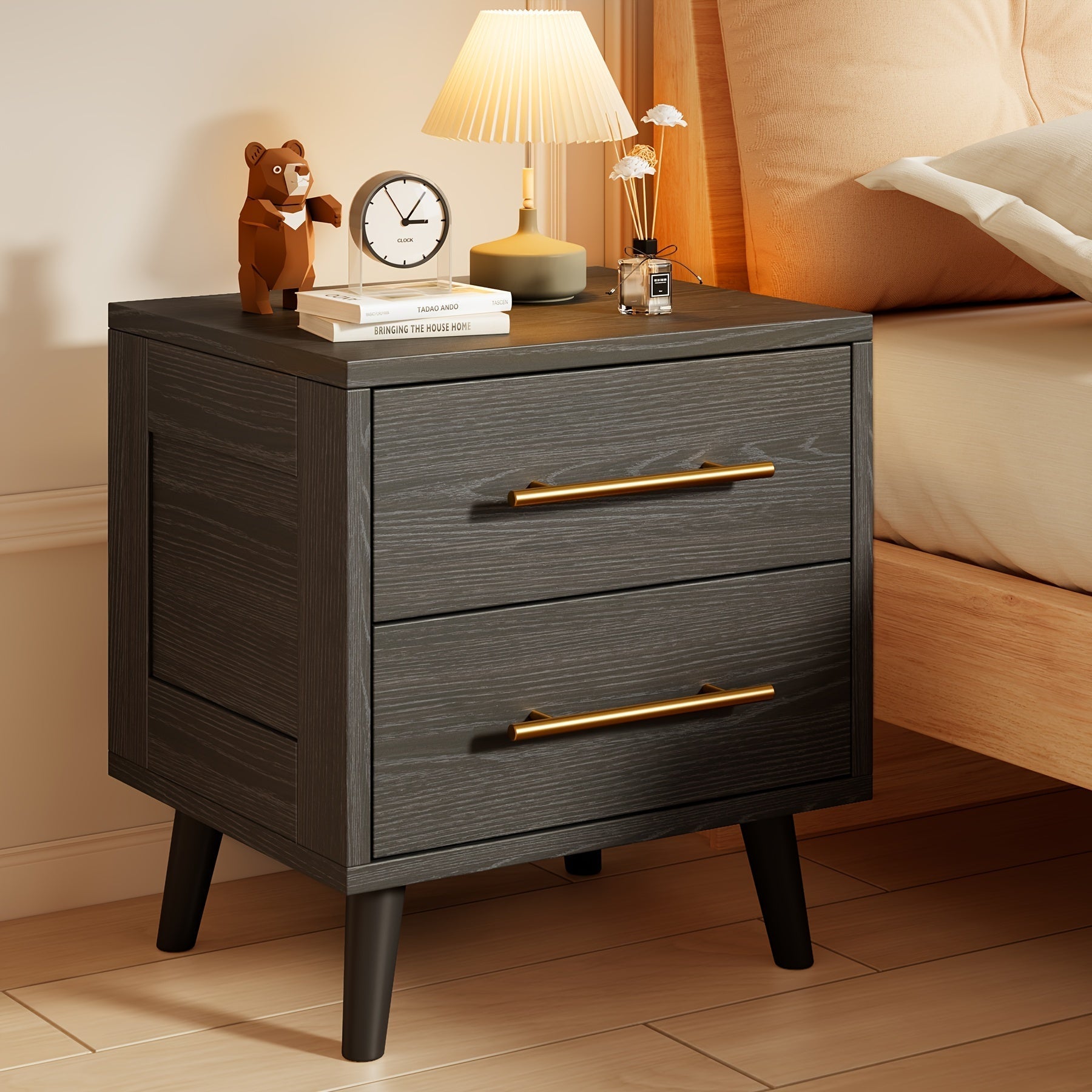 Nightstand, Bedside Table With Metal Handles, Modern Wood Night Stand 2 Drawer Dresser For Bedroom