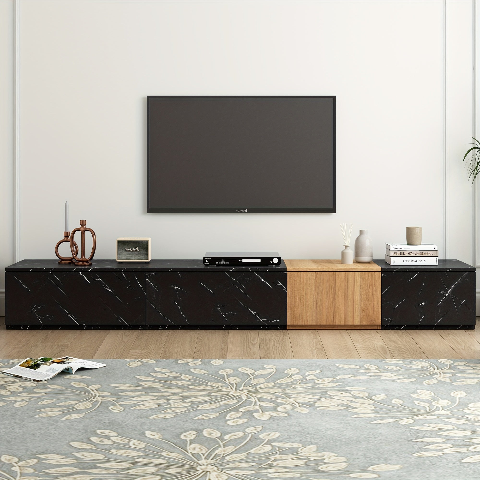 Modern TV Stand With Faux Marble And Walnut Wood Grain Finish, Modular Entertainment Center With 4 Storage Drawers For TVs Up To 88''