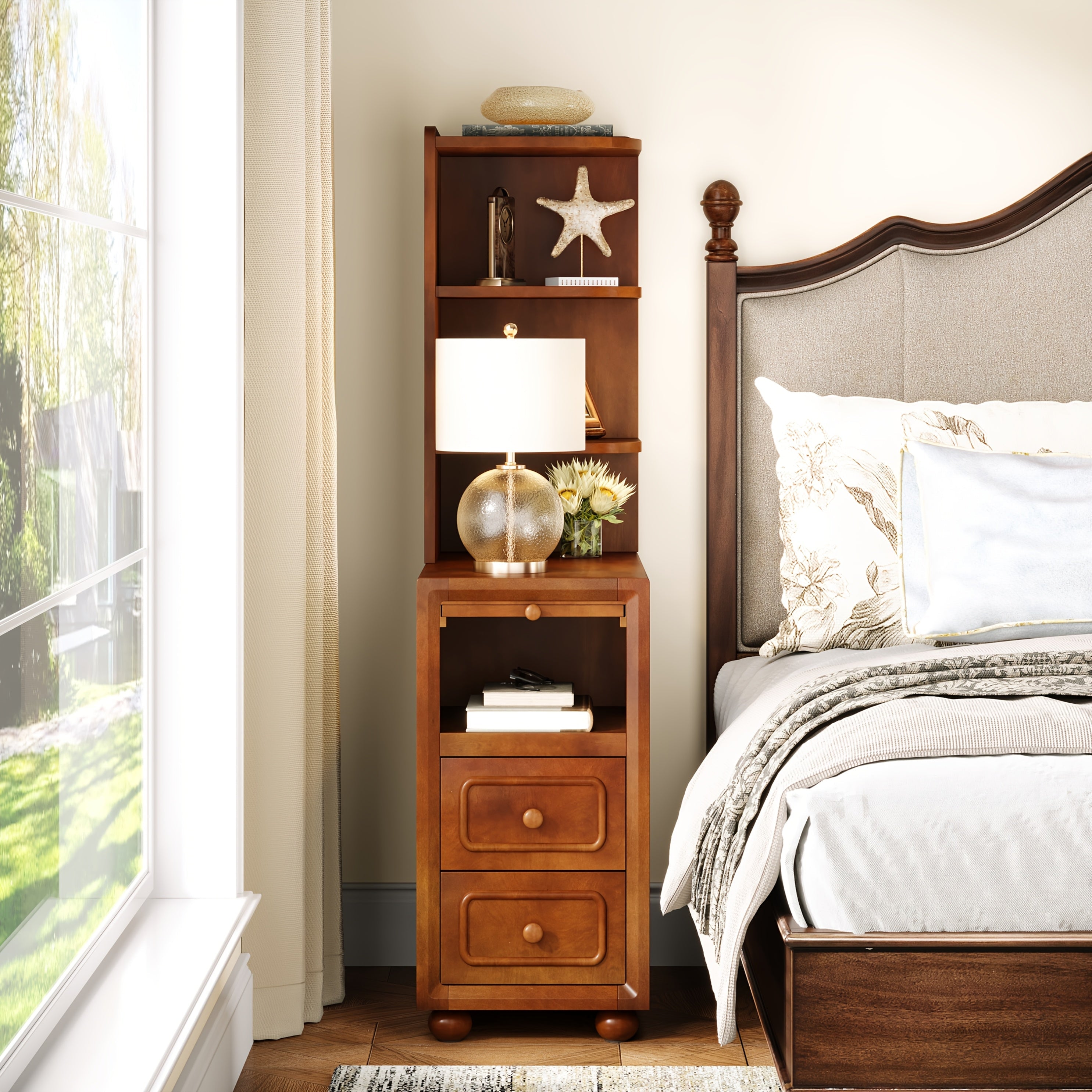 Solid Wood End Table With Drawers And Corner Shelves, Nightstand With Durable And Sturdy Construction, Slim Mid-Century Design Perfect For Small Spaces In Living Room Or Bedroom