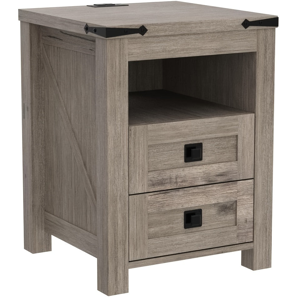 Bedside Table with Charging Station, End Table, Side Table with 2 Drawers Storage Cabinet for Bedroom, Living Room, Farmhouse Design