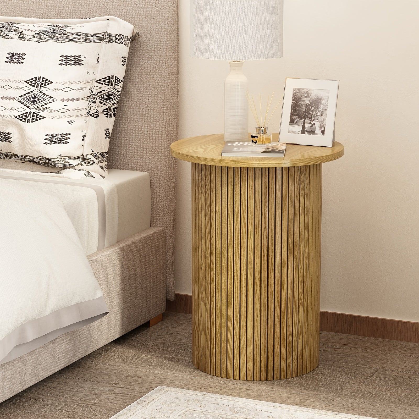 Modern Round Fluted End Table - Natural Wood Finish, Small Accent Pedestal Nightstand for Living Room & Bedroom