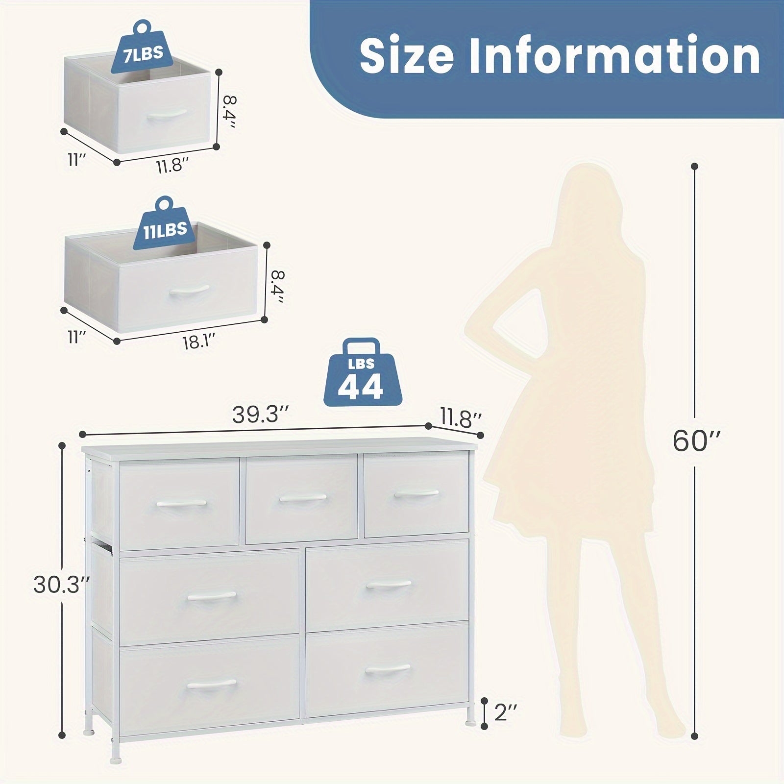 7 Drawers Dresser for Bedroom, Storage Dresser, Storage Chest Organizer Units, Dresser and Chest of Drawers, Storage Tower with Fabric Bins, Metal Frame, Lightweight Furniture for Living Room Storage Cabinets