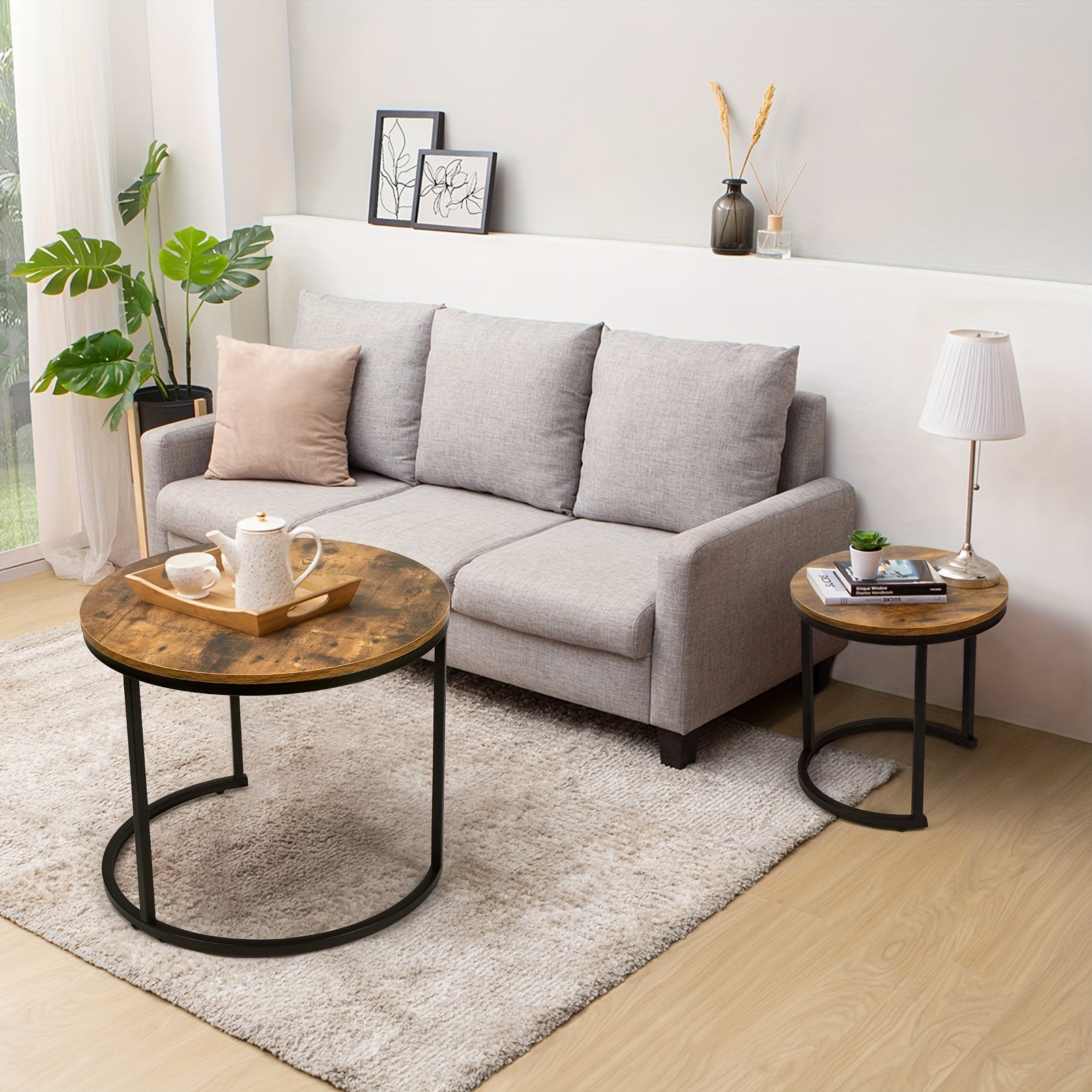 Coffee Tables for Living Room - Small Round Set of 2, Center Table with Solid Wood Grain Table Top and Sturdy Metal Frame, Nesting Tables for Small Spaces, Easy to Assemble