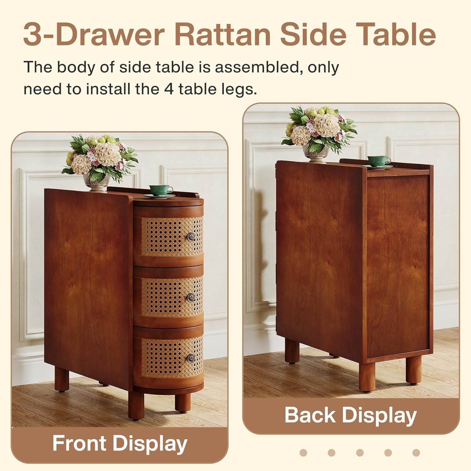 3-Drawer Rattan End Table, Mid-Century Modern Solid Wood Sofa Side Table with Vintage Embossed Handles, Back to school, Slim Nightstand for Living Room End Table, Bedroom, Finished Back, No Assembly