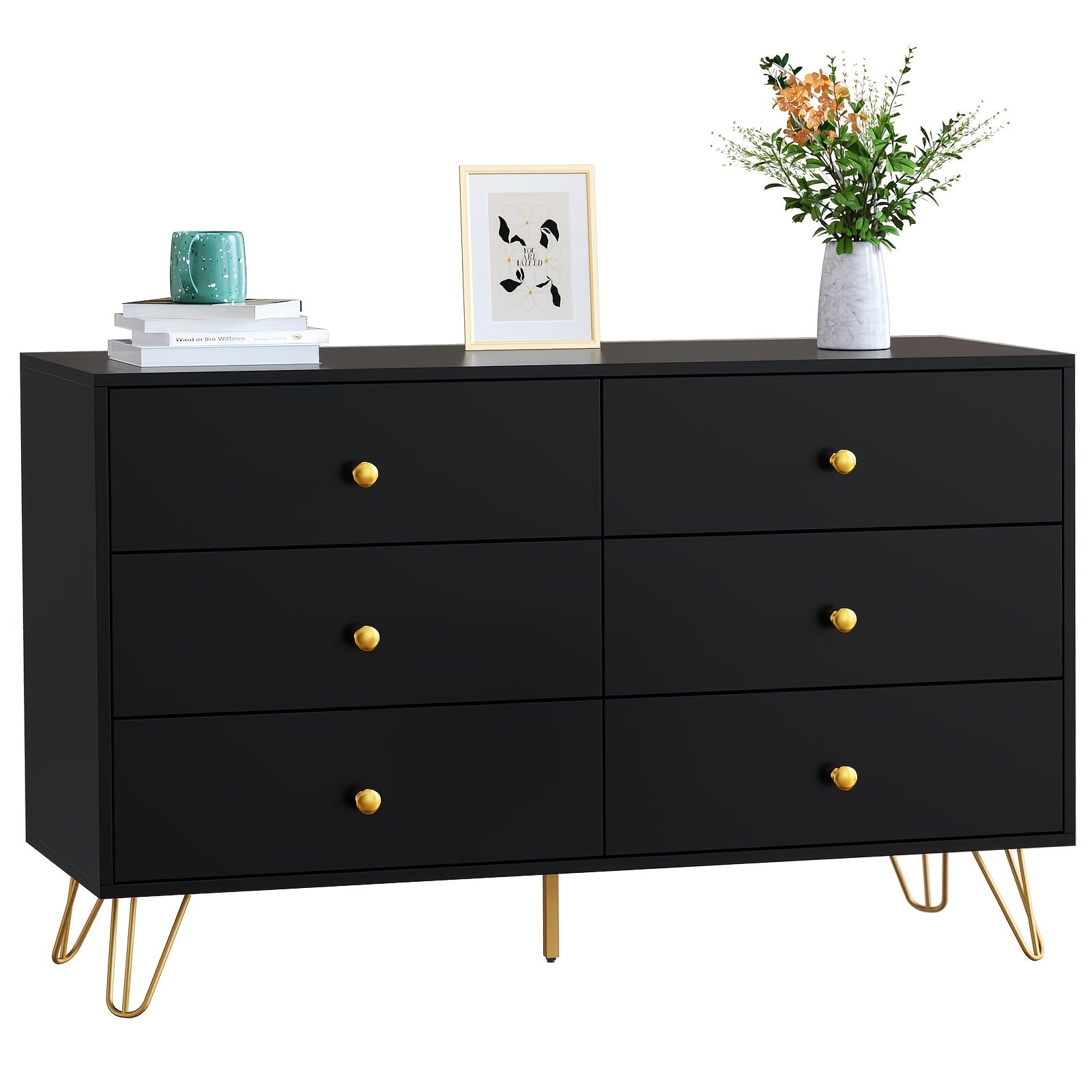 Dresser for Bedroom, 6 Drawer Dresser with Wide Drawers and Gold Metal Handles, Wood Dressers & Chest of Hallway, Entryway.