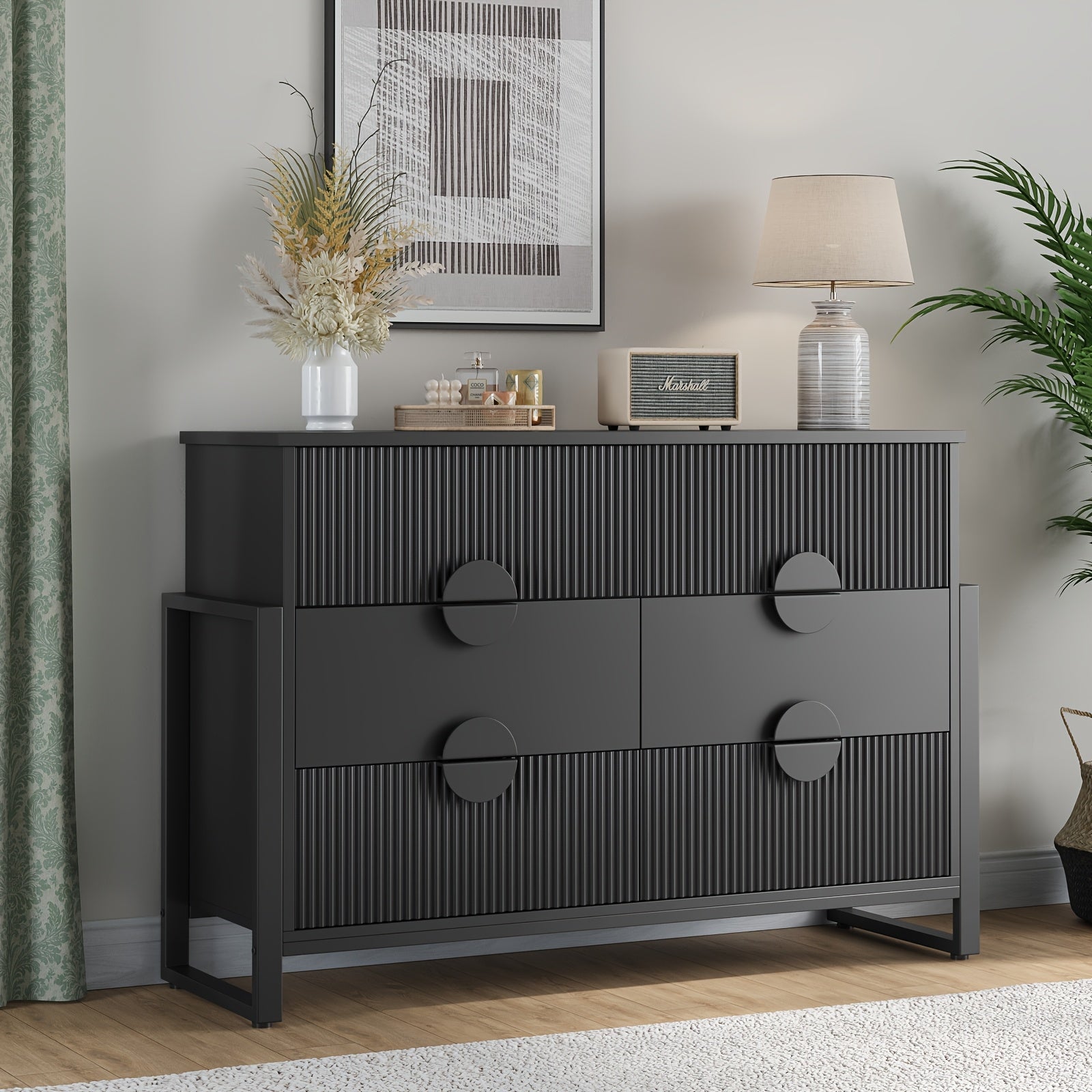 Dresser For Bedroom With 6 Drawers, Wide Chest Of Drawers With Fluted Panel, Storage Organizer Unit With Metal Frame For Closet, Living Room, Hallway, Black