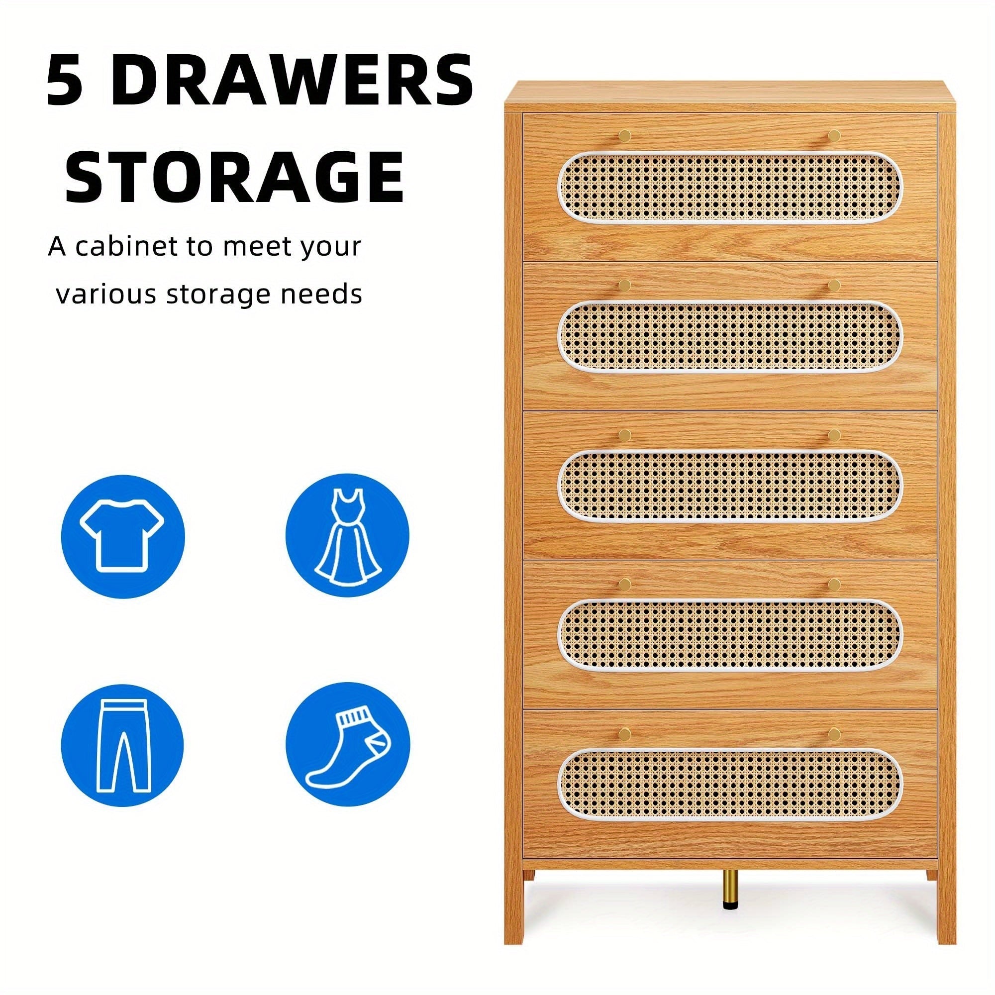 5-Drawer Wood Dresser with Rattan Front - Tall Storage Cabinet for Bedroom and Living Room