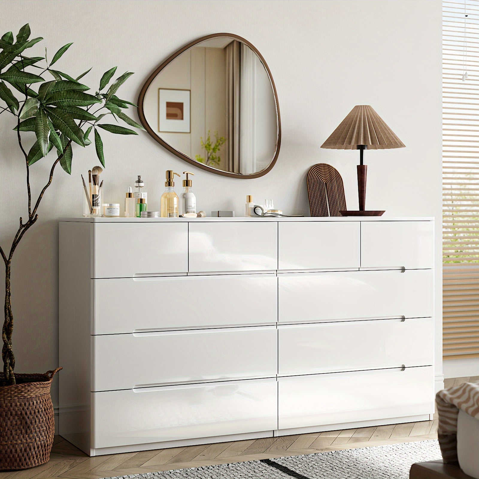 Classic 10-Drawer Dresser, High Gloss Hardwood Chest, Modern MDF Bedroom Furniture, Painted Finish, Large Capacity, with Independent Use, for Living Room & Cloakroom, No Electricity Required