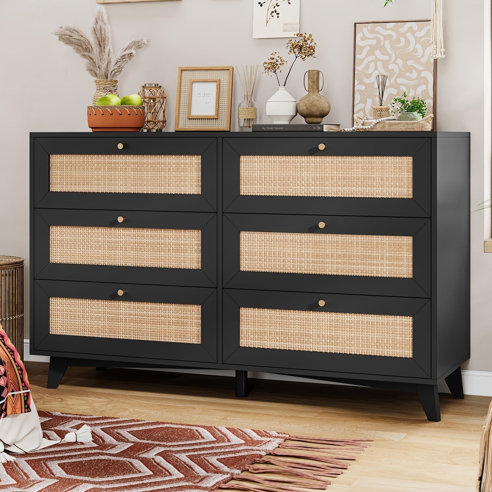 120cm Natural Color Rattan Dresser For Bedroom With 6 Drawers, Modern Double Wooden Wide Bedroom Dresser, Chest Of Drawers With Metal Handle & Solid Wood Legs For Bedroom/Living Room, (Natural Color/Black)