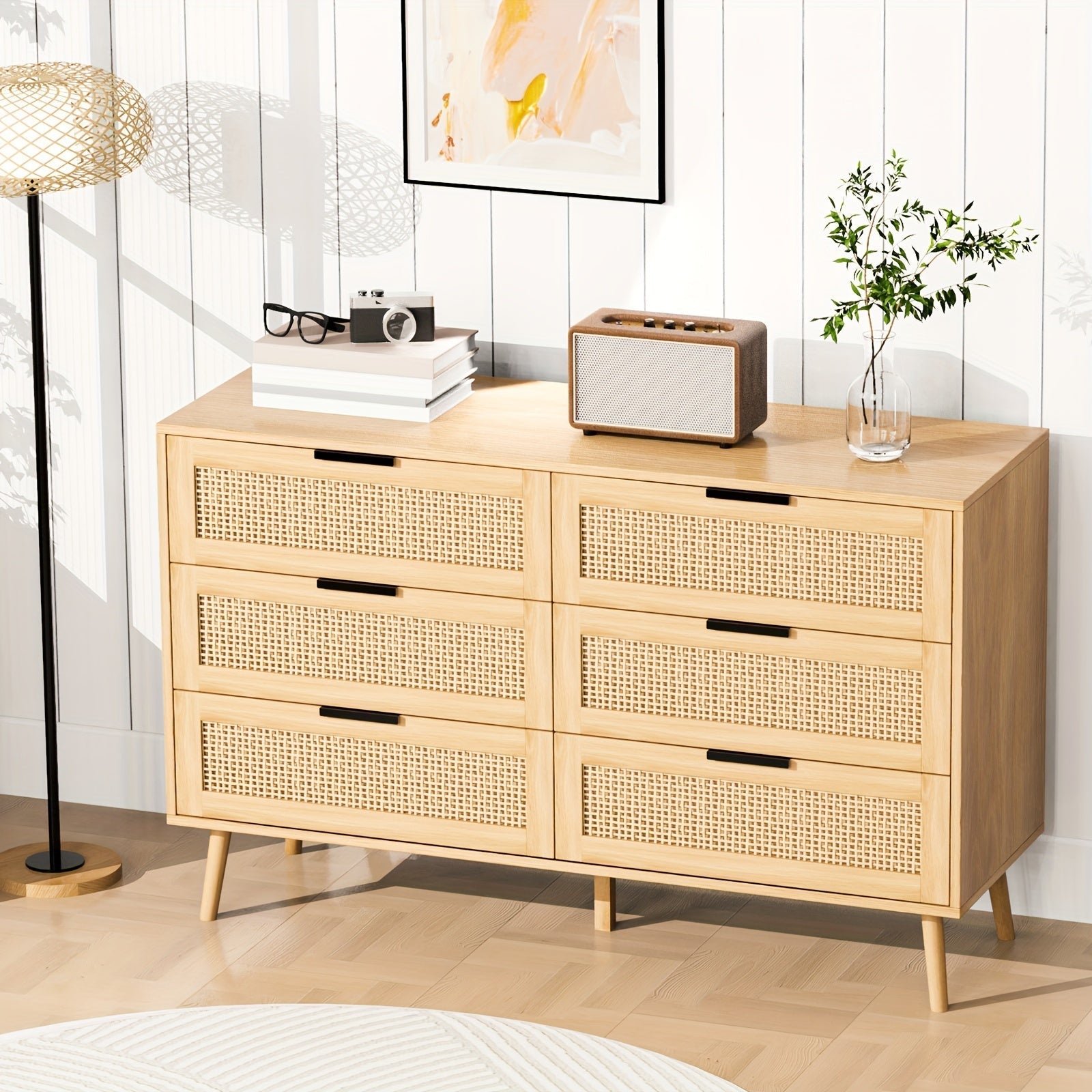 Natural Rattan Dresser for Bedroom with 6 Drawer, Wood Durable Dressers & chests of Drawers with Black Handles, Handmade Natural Rattan Modern Storage Double Drawers for Bedroom, Closet, Living room Storage Drawer Units