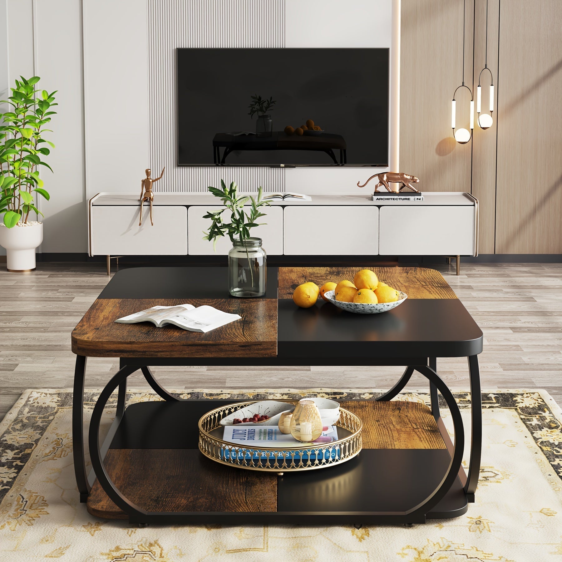 Square Coffee Table with 2 Tiers, 102cm Farmhouse Coffee Table with Wood Storage Shelf Heavy Duty Metal Curved Frame for Modern Living Room