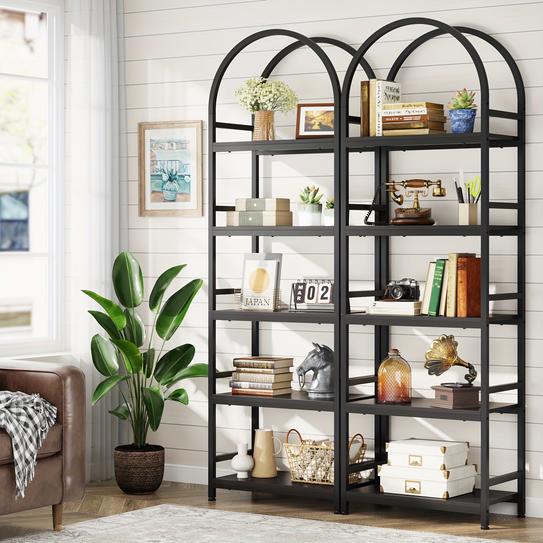 5-Tier Open Bookshelf, 190cm Industrial Arched Bookcase Storage Shelves with Metal Frame, Farmhouse Storage Rack Tall Standing Bookshelves for Bedroom, Living Room, Home Office