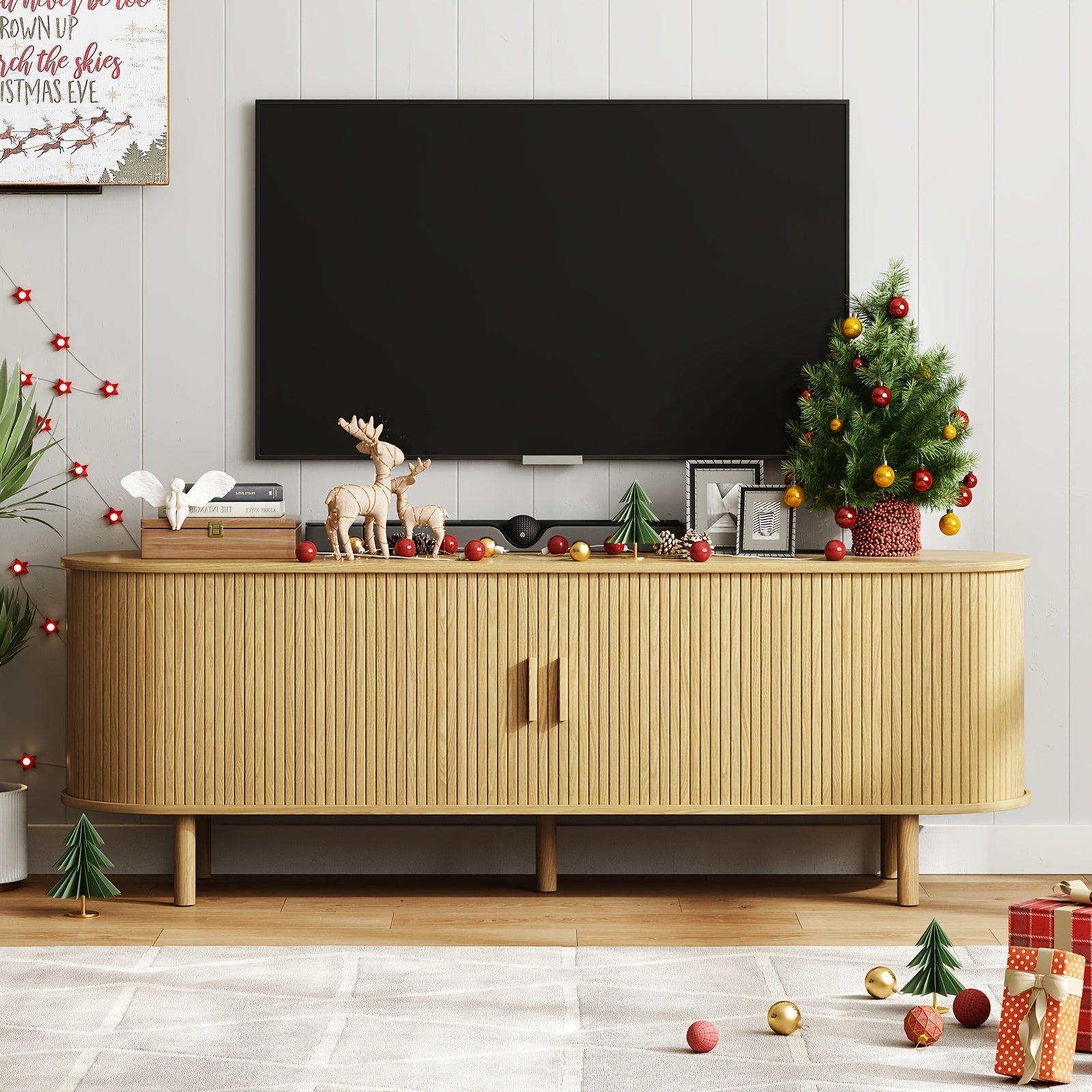 Modern Oak TV Stand with Power Outlet - 160cm Entertainment Center for TVs Up to 70", Adjustable Shelves, Sliding Doors, and Storage - Perfect for Living Room or Bedroom, Festive Decor Storage|Rustic Oak Finish|Natural Wood App