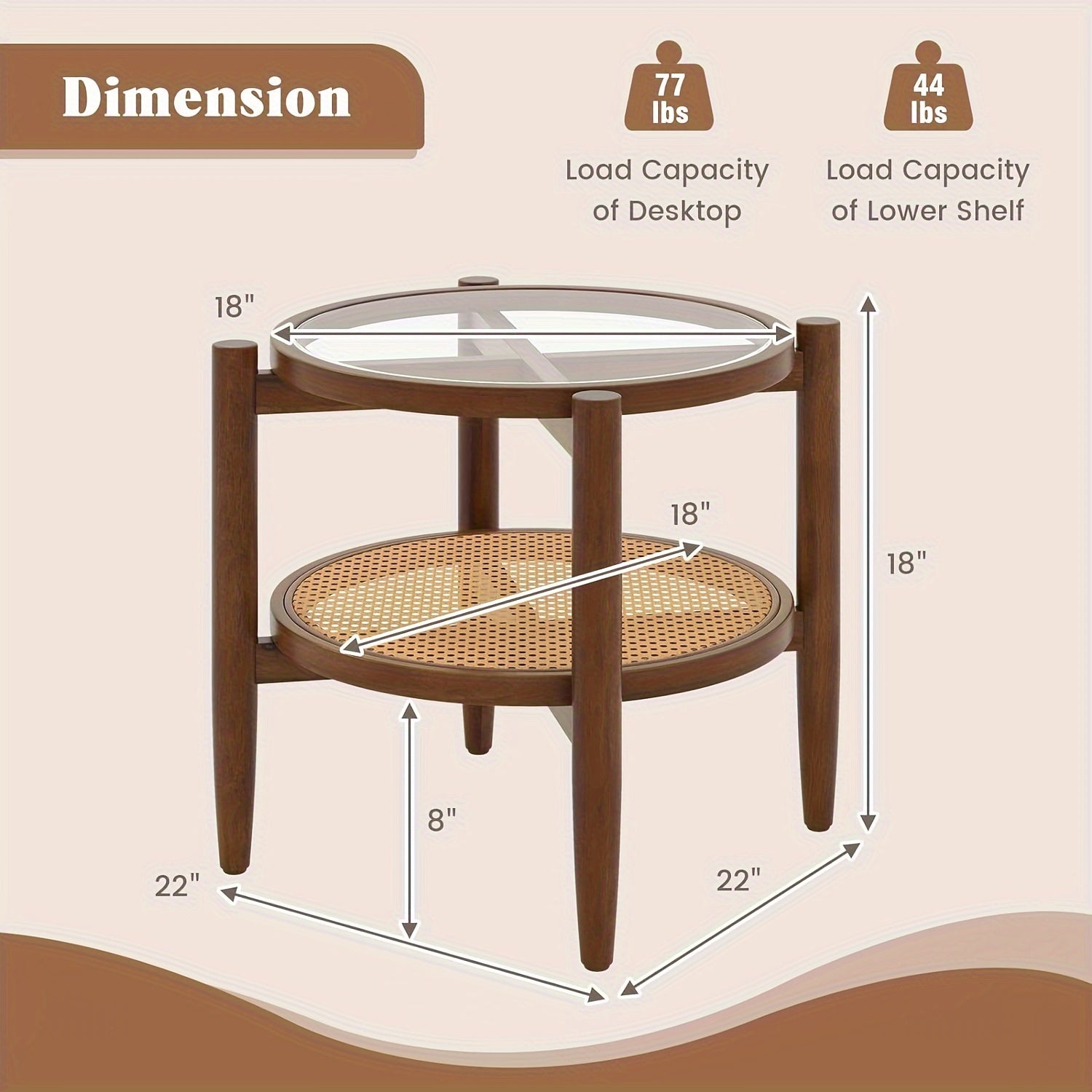 Rattan Round End Table, Walnut Boho Nightstand With Tempered Glass Top And Acacia Wood Legs, 2-Tier Side Table With Storage, Bedside Tables For Small Spaces Living Room Bedroom