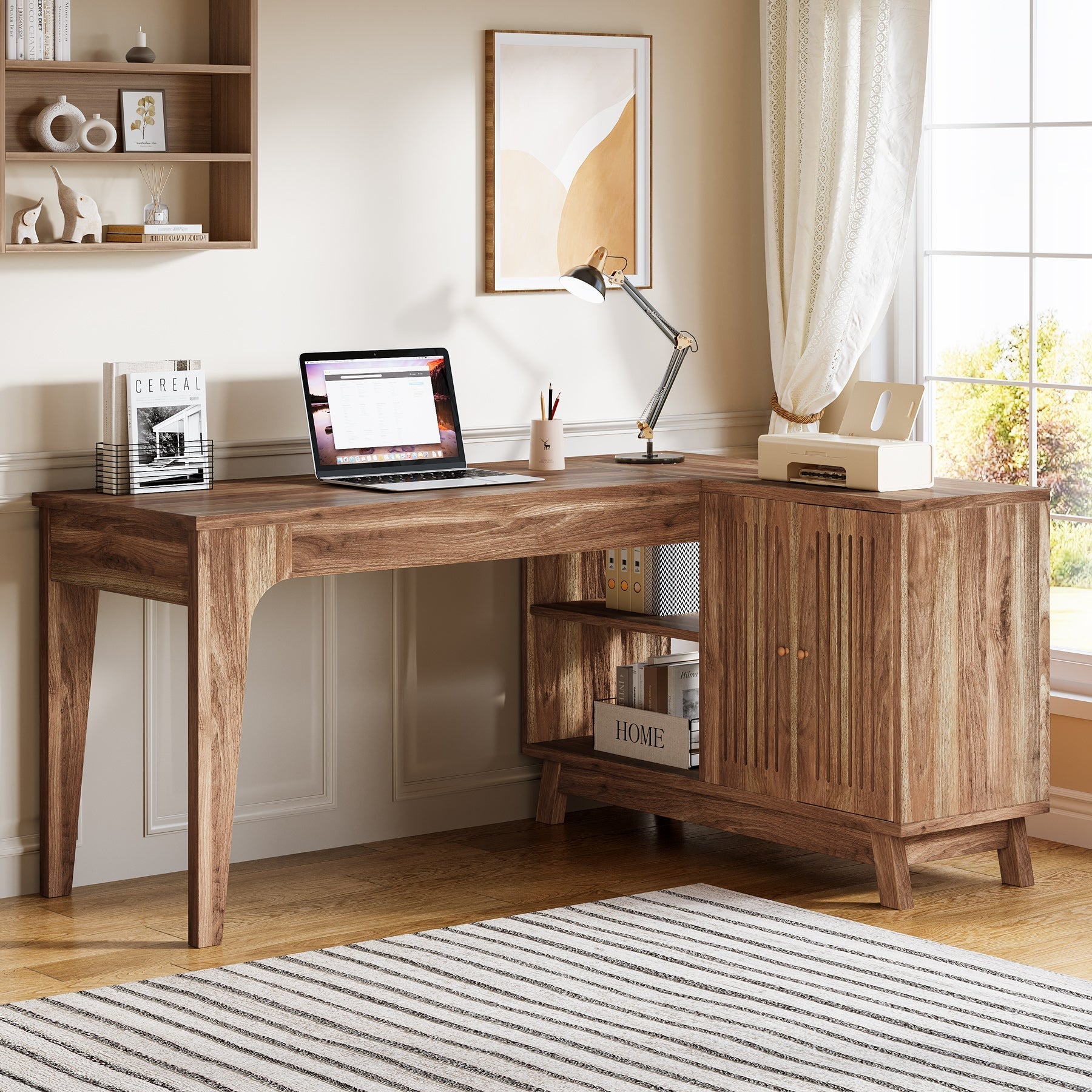 145 cm L-Shaped Corner Desk, Wood Computer Desk Study Writing Table with Cabinet