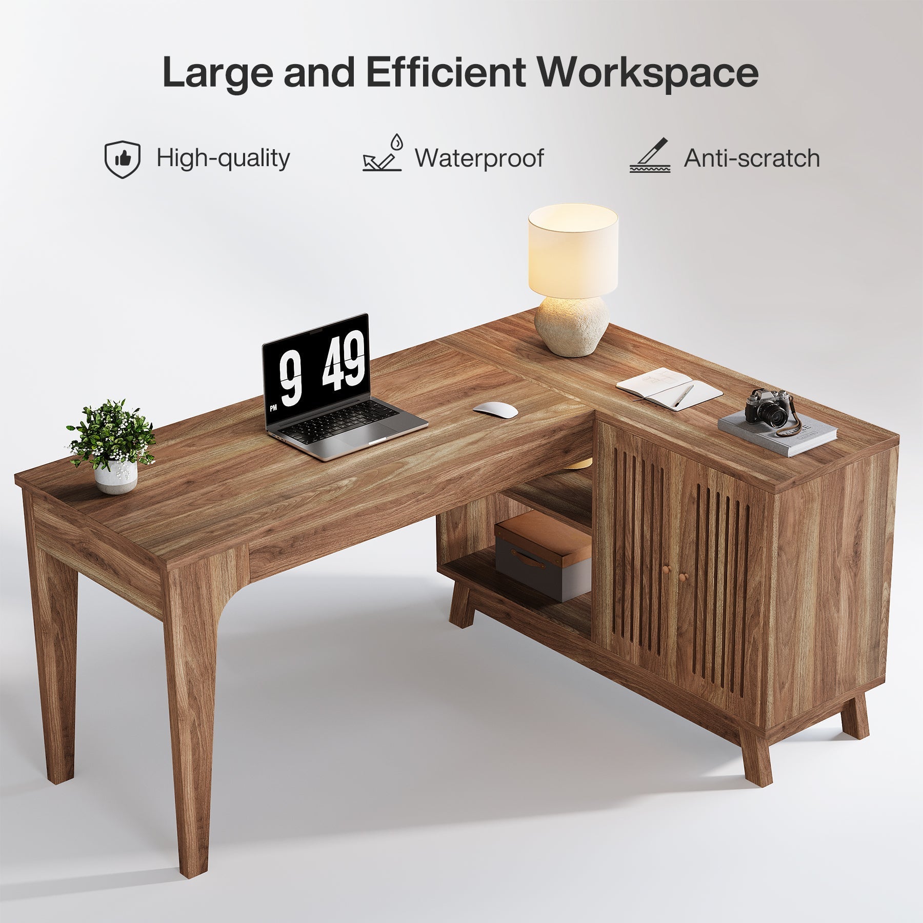 145 cm L-Shaped Corner Desk, Wood Computer Desk Study Writing Table with Cabinet