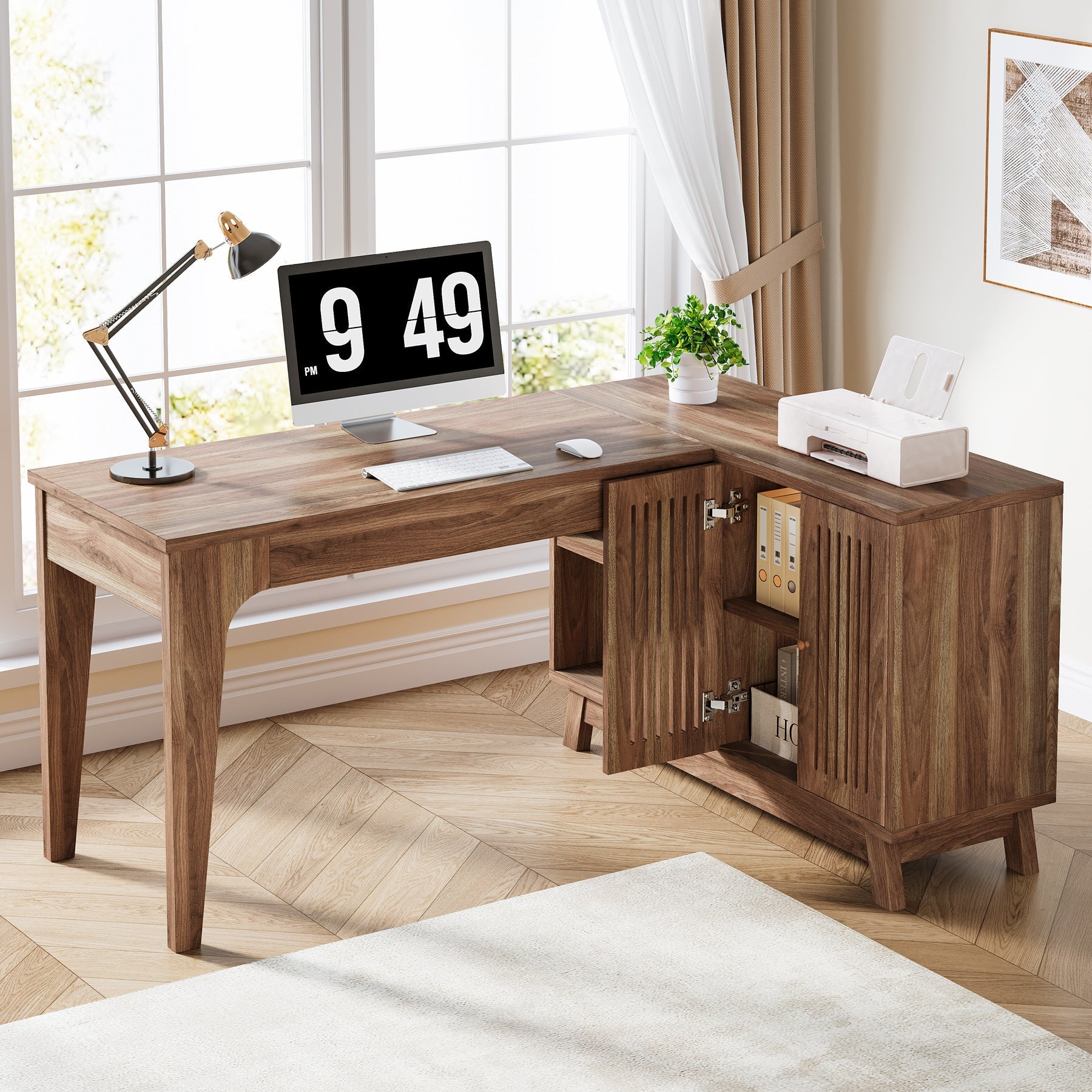 145 cm L-Shaped Corner Desk, Wood Computer Desk Study Writing Table with Cabinet