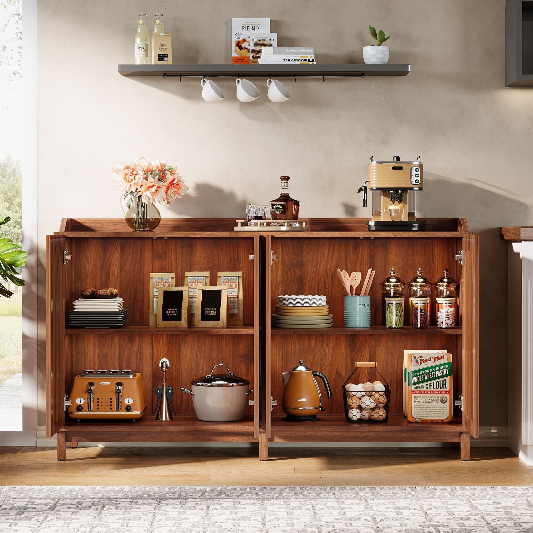 145 cm Sideboard Buffet, Farmhouse Storage Cabinet with Adjustable Shelf