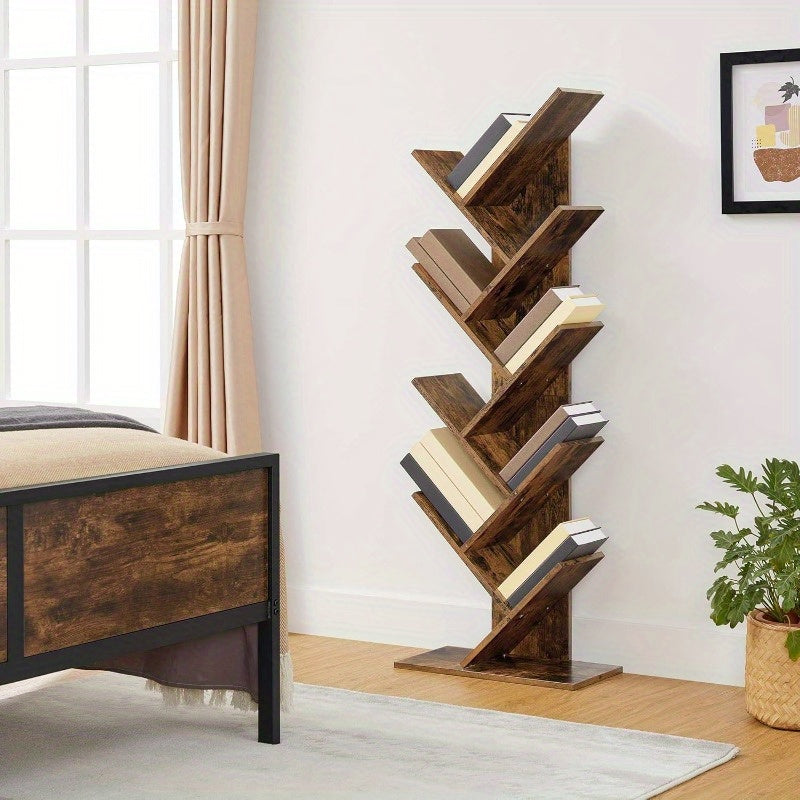 9-Tier Tree Bookshelf, Space-Saving Wooden Corner Shelf for Books, CDs, Games - Sturdy & Secure, Ideal for Bedroom, Living Room, Home Office Decor, Bookshelf Decorations