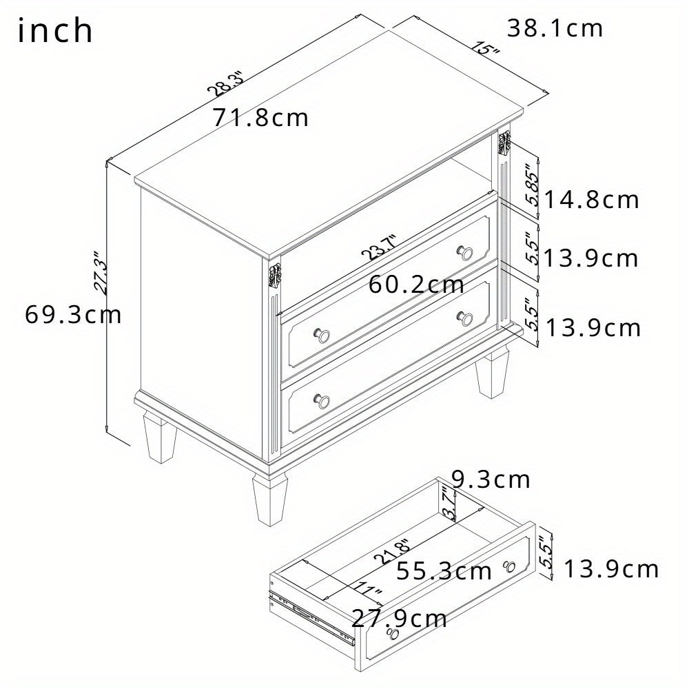 Open Space and 2 Drawers Dresser Nightstand, Fluted Pilasters Design Side Table with Solid Wood Legs for Bedroom