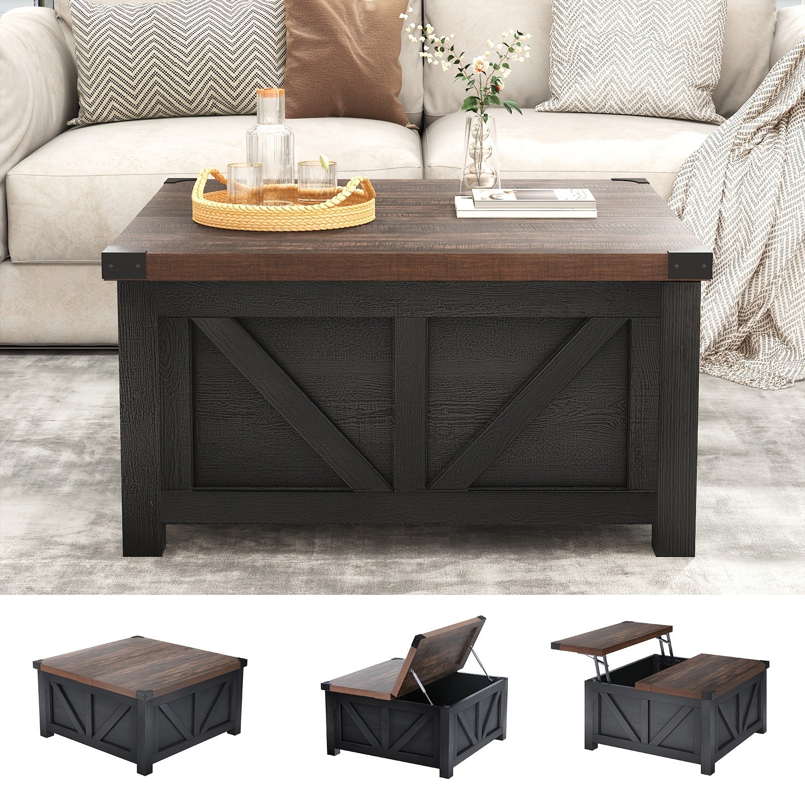 Farmhouse Lift Top Coffee Table With Power Outlets And Large Hidden Storage, Square Wood Living Room Tables, Multi-Function Lift Wooden Barn Door Center Table