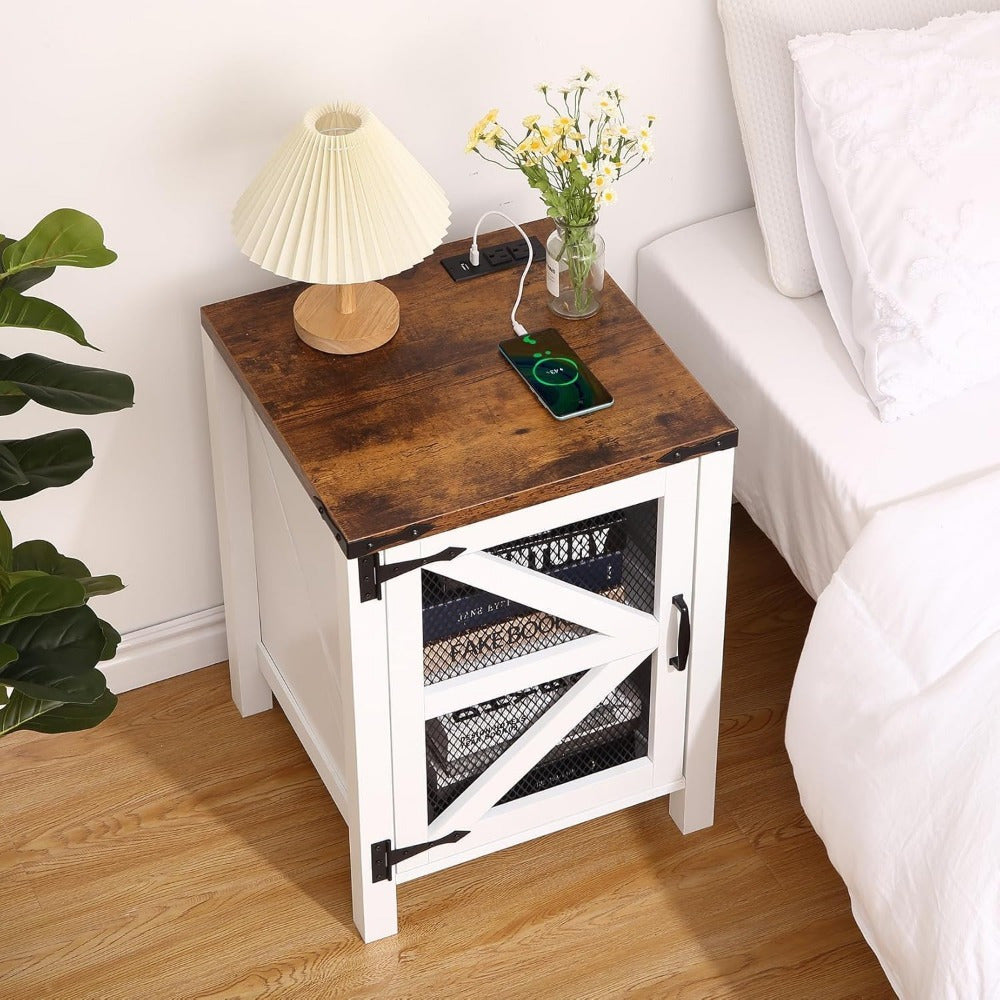 Chic 46cm Rustic Farmhouse Nightstand with Charging Station - Adjustable Shelves, Black Mesh Barn Doors & USB Ports, White Engineered Wood, Ideal for Bedroom & Living Room, Living Room Furniture|Retro Industrial Look|Open Shel