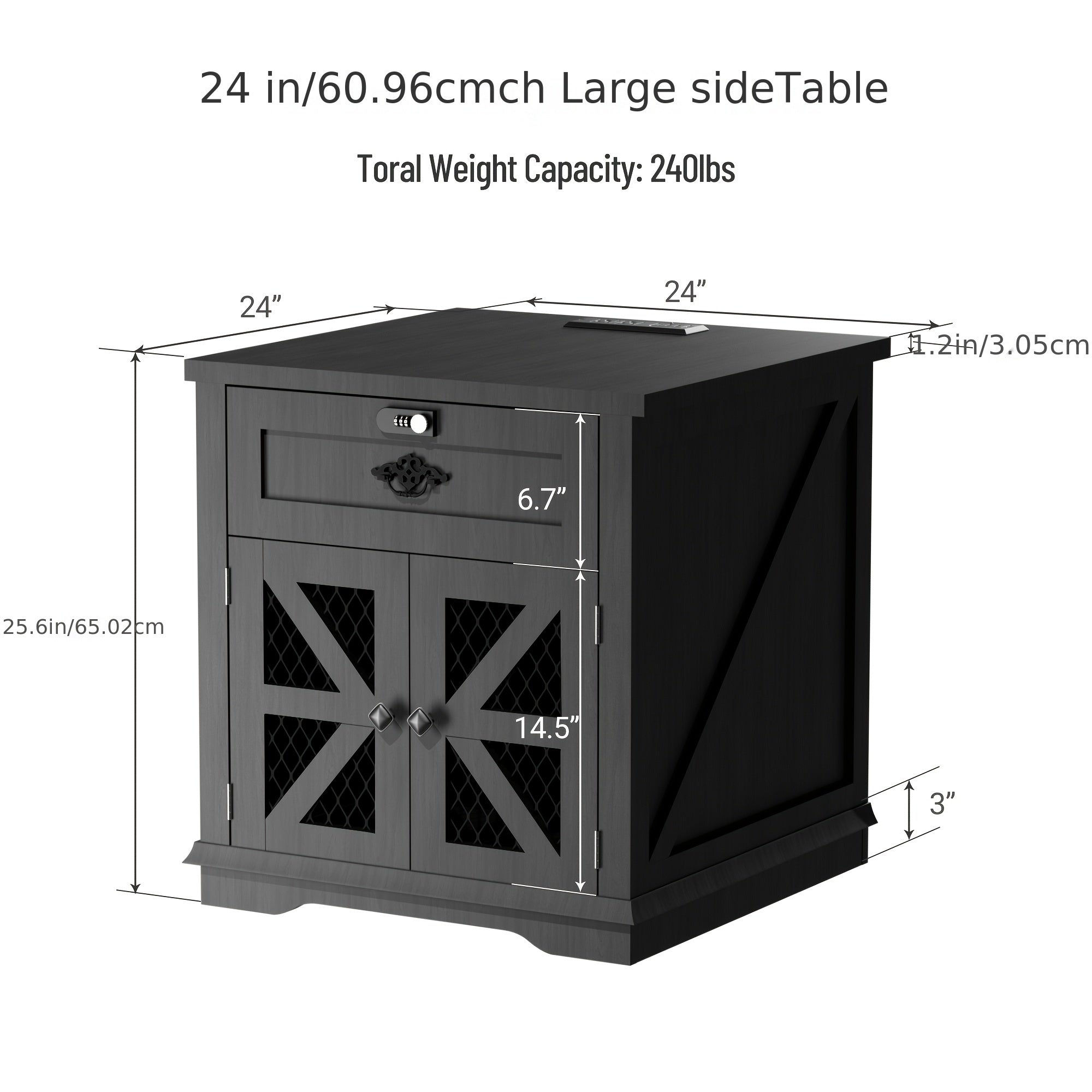 Chic 60cm Farmhouse Nightstand with Charging Station - Black Metal Wire Mesh Barn Door Design, Adjustable Storage Shelves, Perfect for Bedroom & Living Room