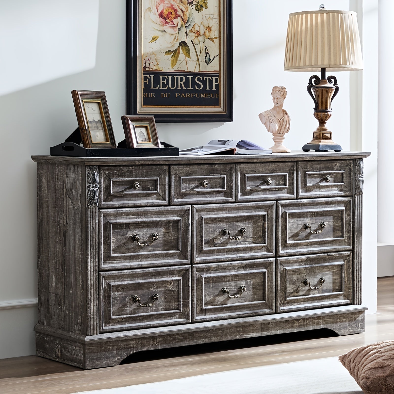 Farmhouse Dresser For Bedroom, 138cm Wide 7 Drawers Dresser, Wood Dresser For Bedroom, Grey 10 Chest Of Drawers With Thickened Wood Carving For Closet, Hallway