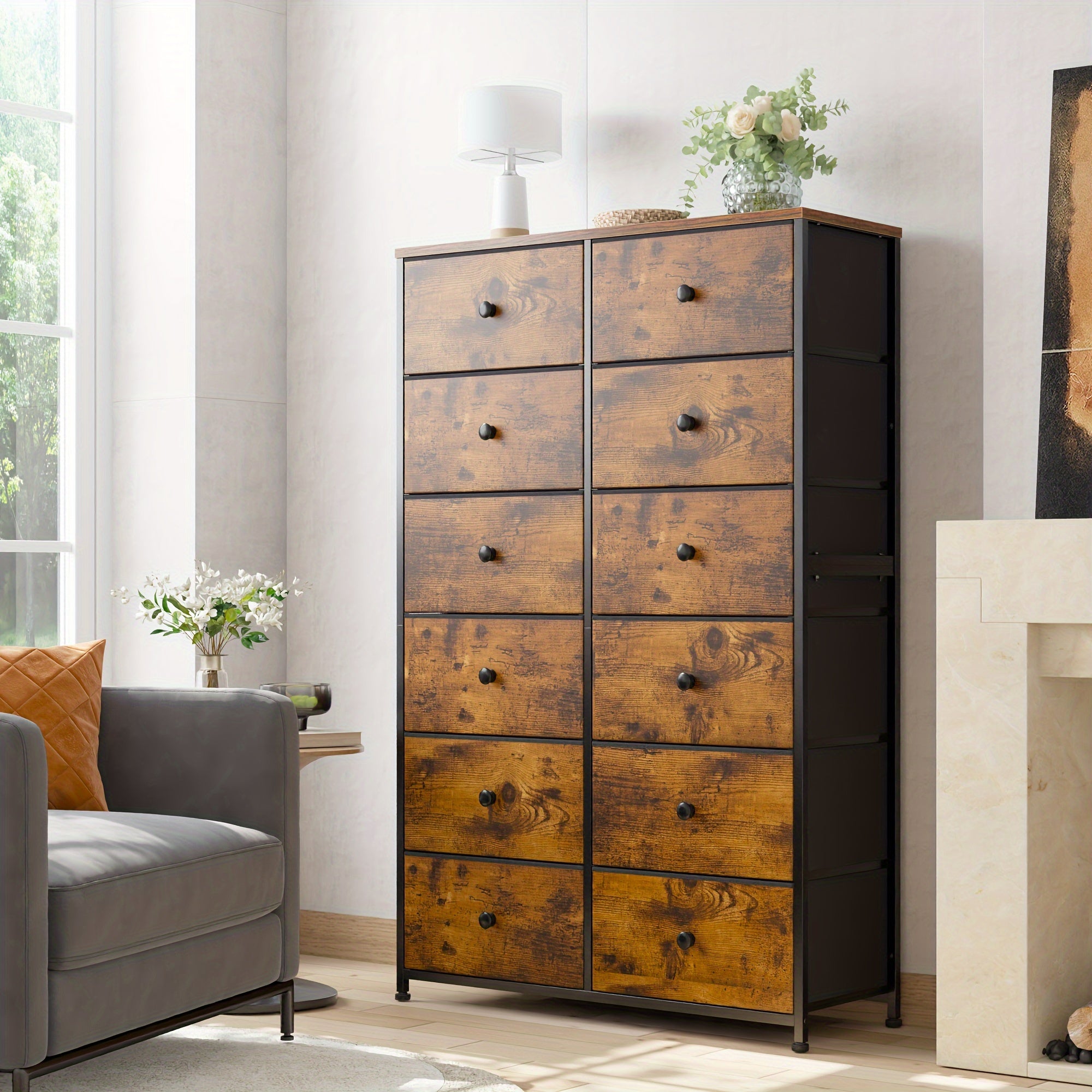 Tall Dresser, Dresser for Bedroom with 12 Drawers Tall Bedroom Dresser for Bedroom, Large Fabric Dresser with Wood Top, Metal Frame for Closets, Living Room, Entryway, Rustic Brown For Lab