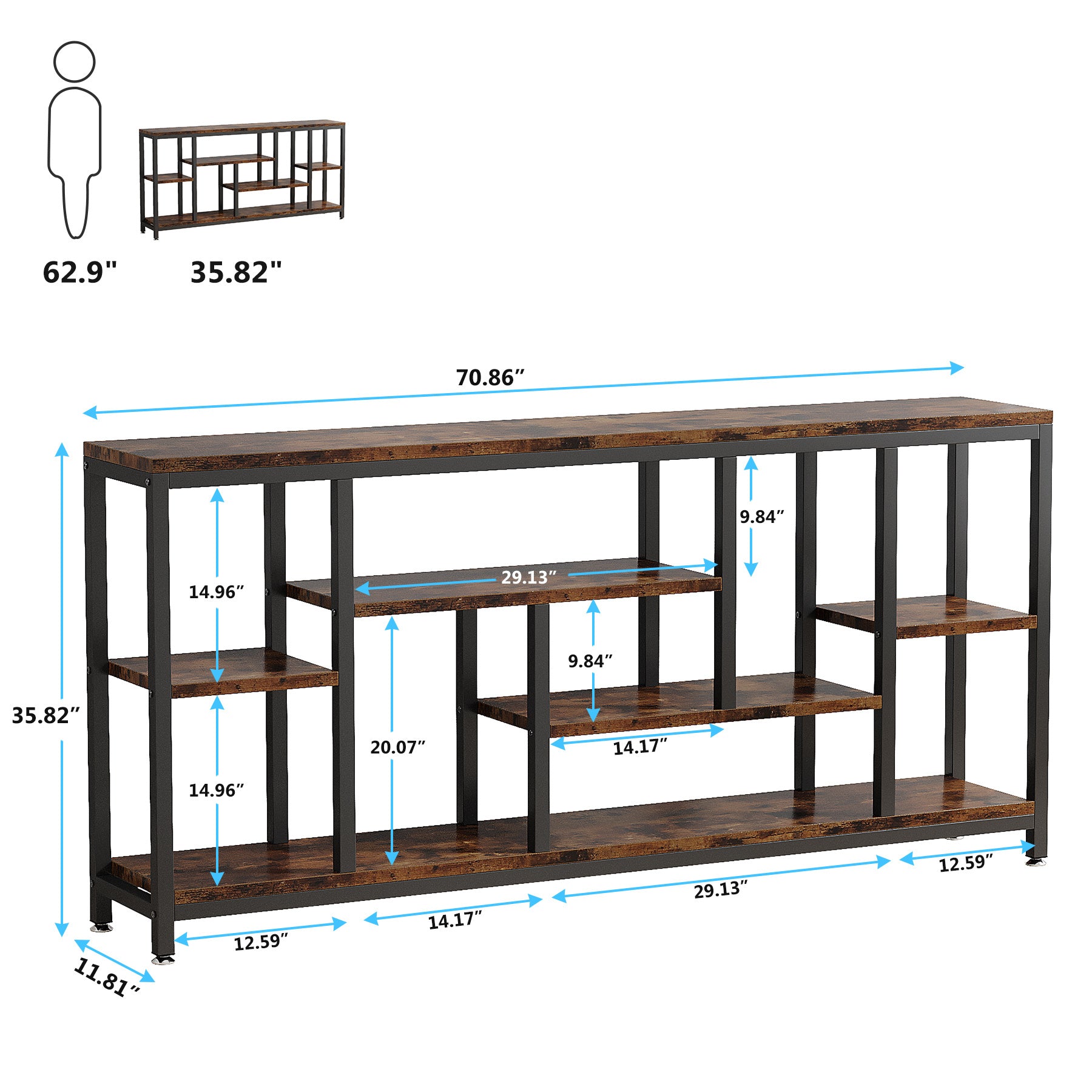 Console Sofa Table, 180 cm Extra Long Table Behind Couch with Storage Shelves, 3-Tier Industrial Narrow Entryway Hallway Accent Table for Living Room