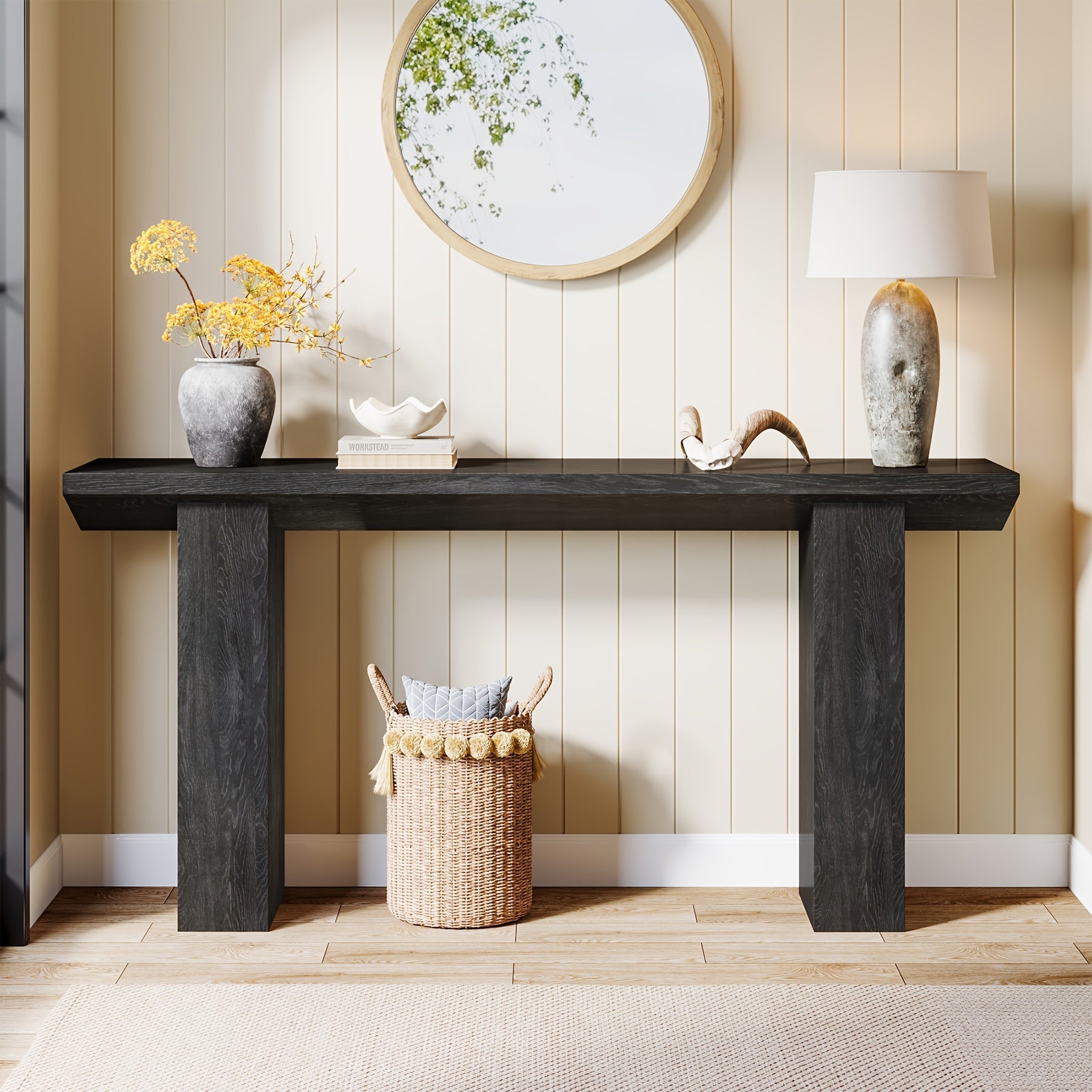 Elegant 160.8 cm Long Farmhouse Console Table - Stain-Resistant MDF, Black Sofa Table with Inverted Triangle Design, Ideal for Entryway, Hallway, Living Room - Durable & Easy to Assemble