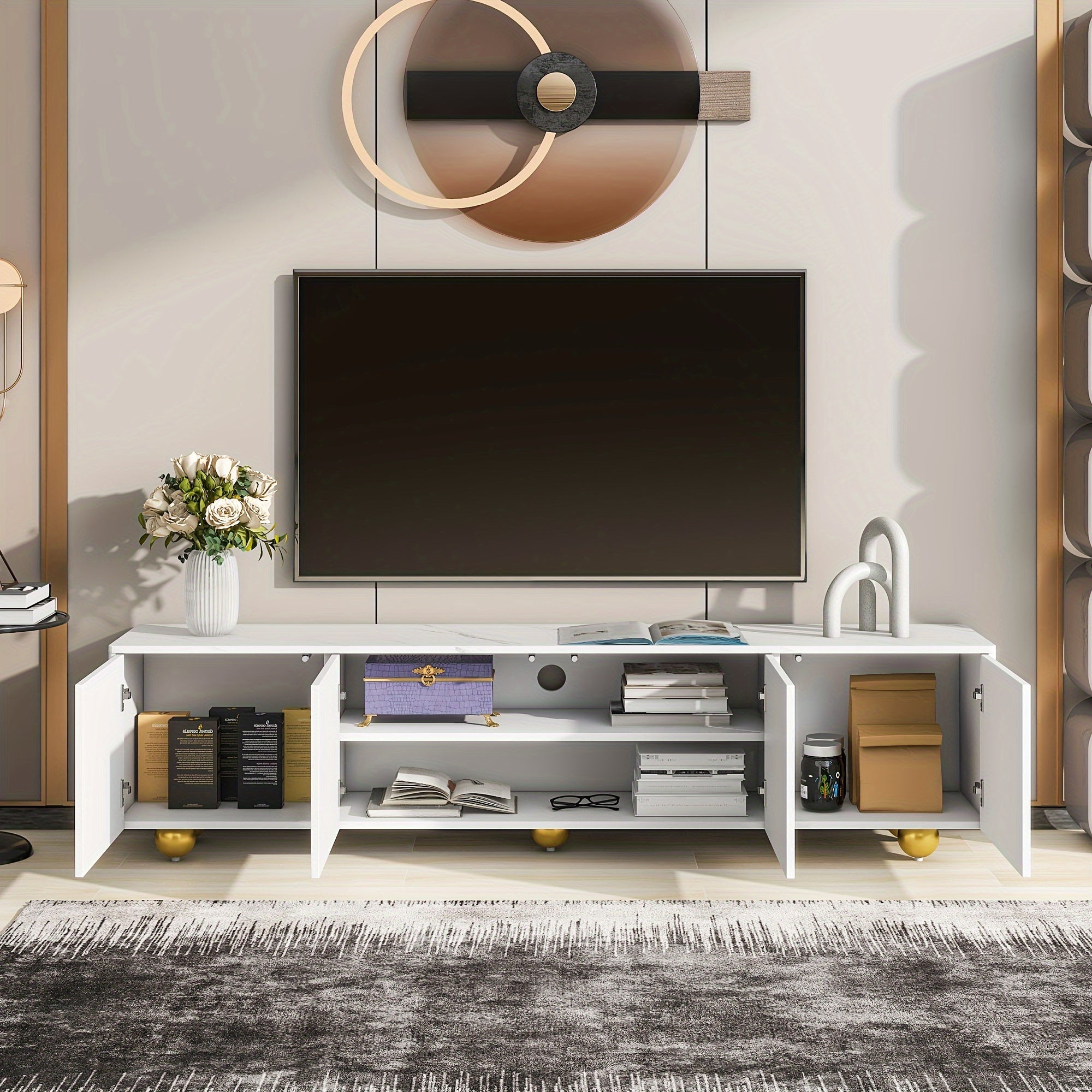 Modern TV Stand For TVs Up To 75 Inches, Entertainment Center With Storage Cabinets And 1 Adjustable Shelf, Media Console With Marble-patterned Top And Golden Round Metal Legs For Living Room