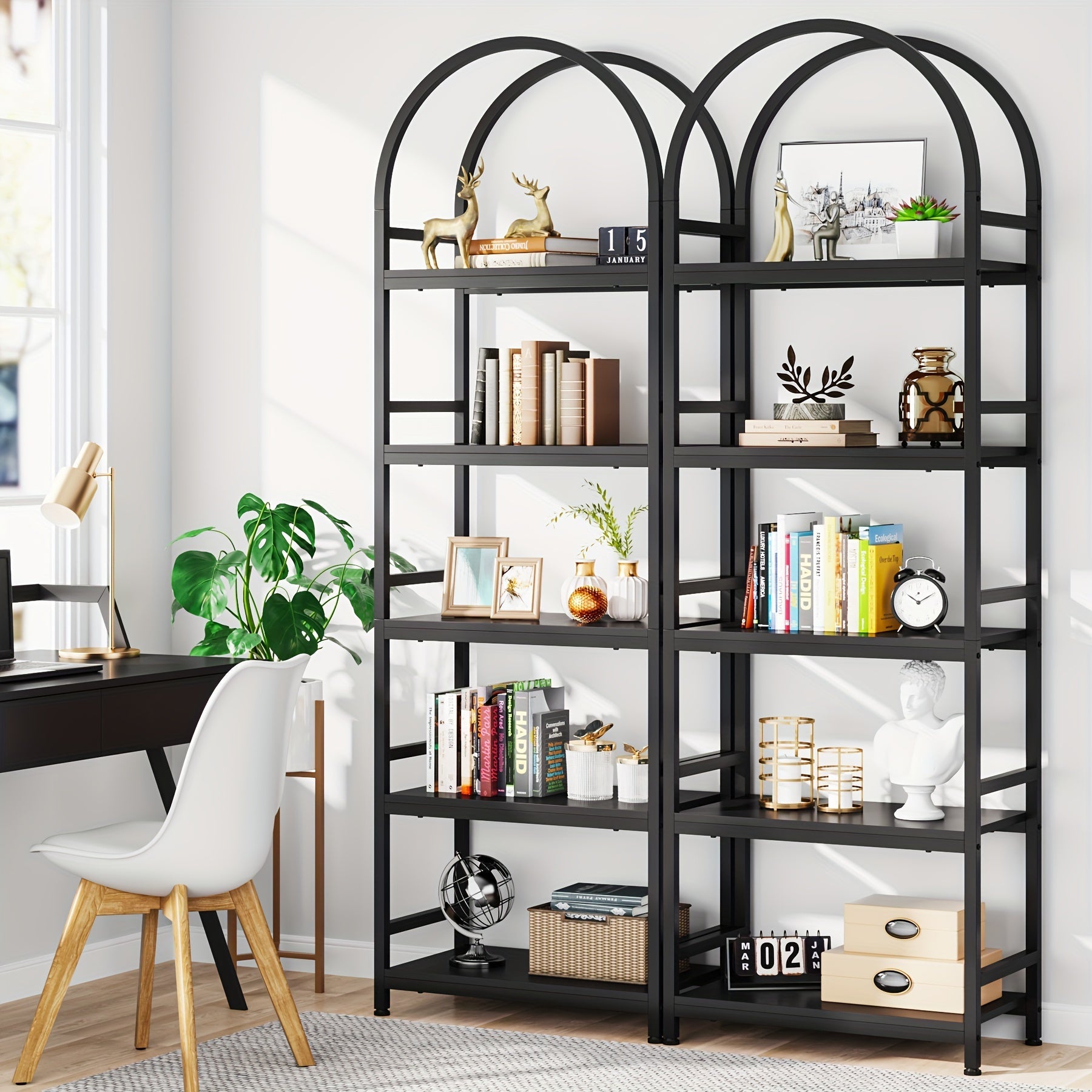 5-Tier Open Bookshelf, 190cm Industrial Arched Bookcase Storage Shelves with Metal Frame, Farmhouse Storage Rack Tall Standing Bookshelves for Bedroom, Living Room, Home Office