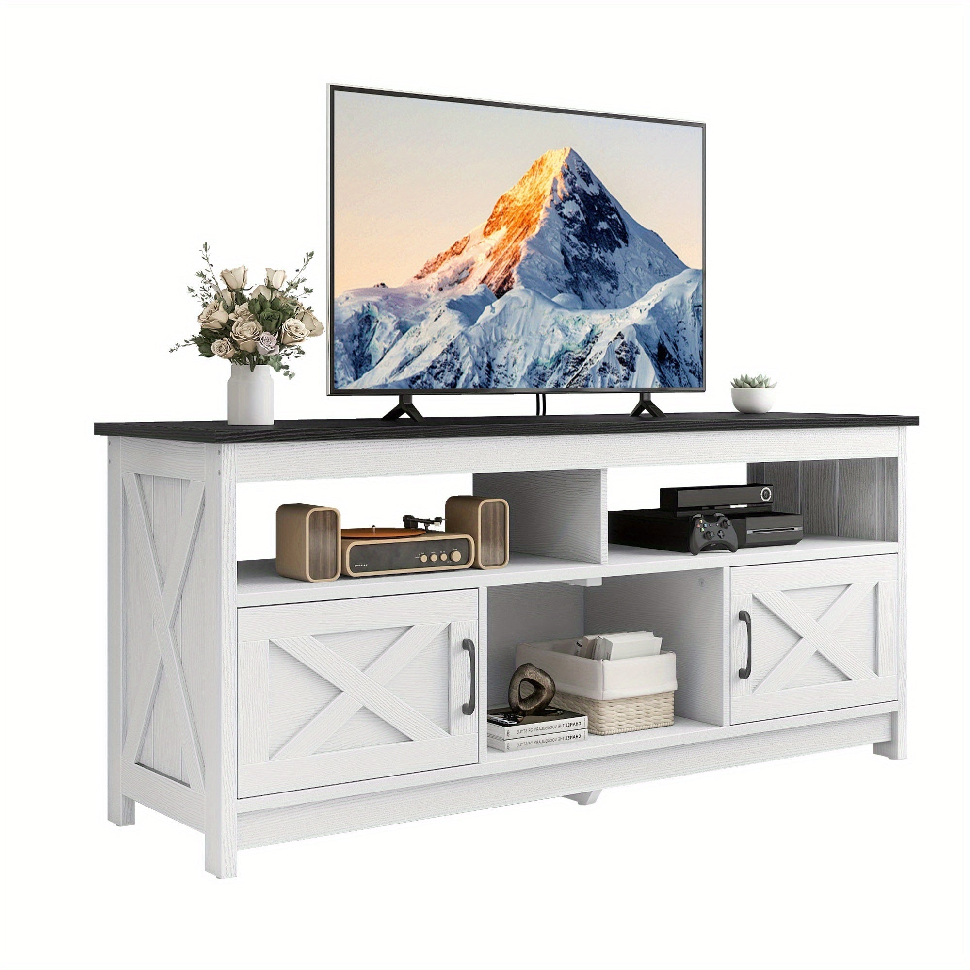 Farmhouse TV Console with Power Outlet, Media Cabinet with Shelves for Living Room, Black and White