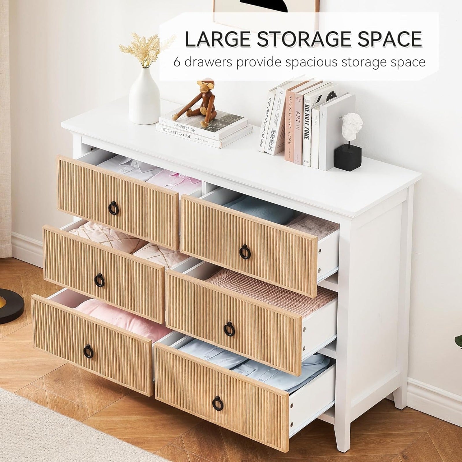 6 Drawer Dresser, 120cm Wide Modern Chest of Drawers Bedroom and Living Room Cabinet Organizer Storage, Fluted Design Dresser Tv Stand, Closet, White Grey