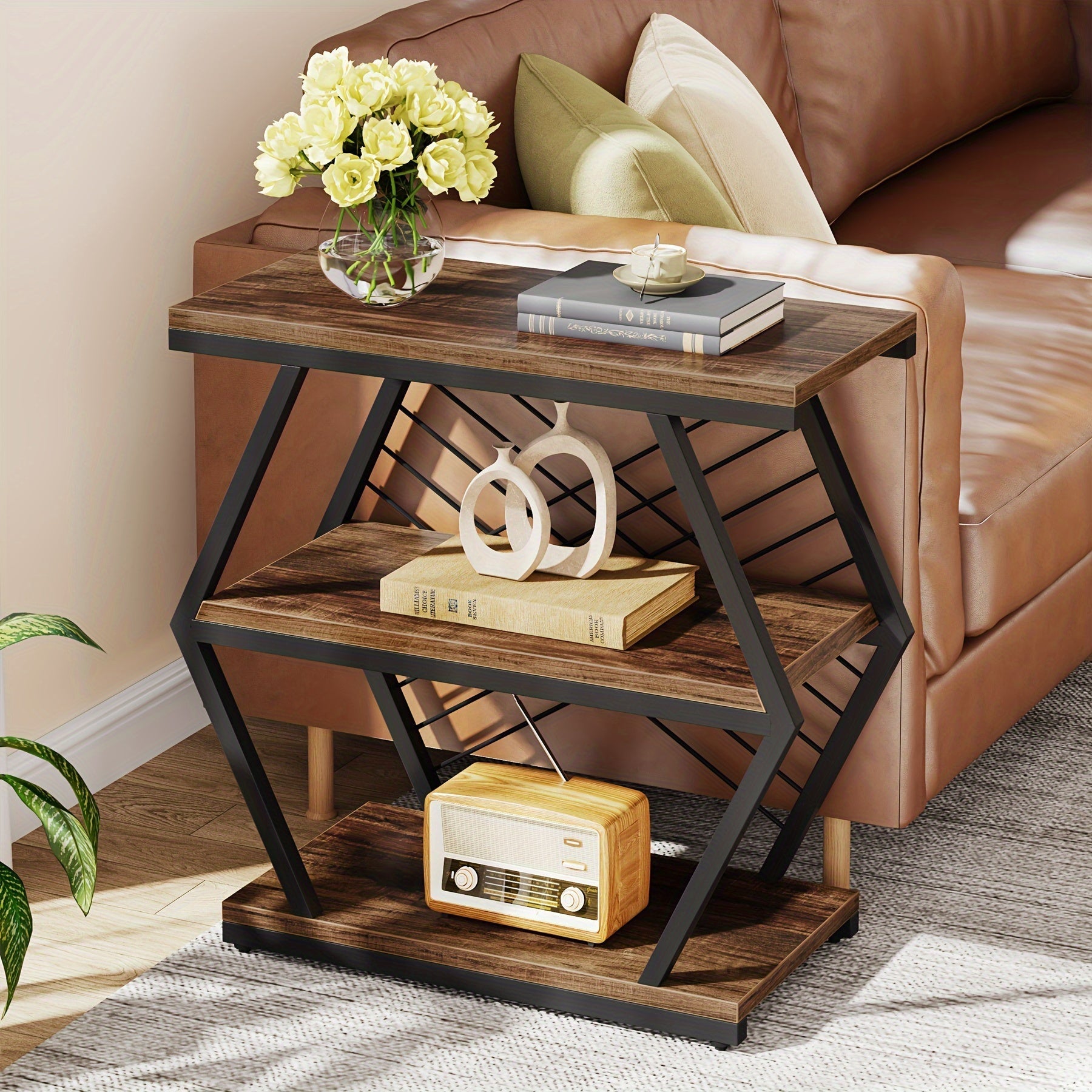 64cm Rectangular End Table, Industrial Side Table with 3-Tier Storage Shelves, Wood Sofa Side Table with Geometric Metal Frame for Living Room Bedroom, Black Brown