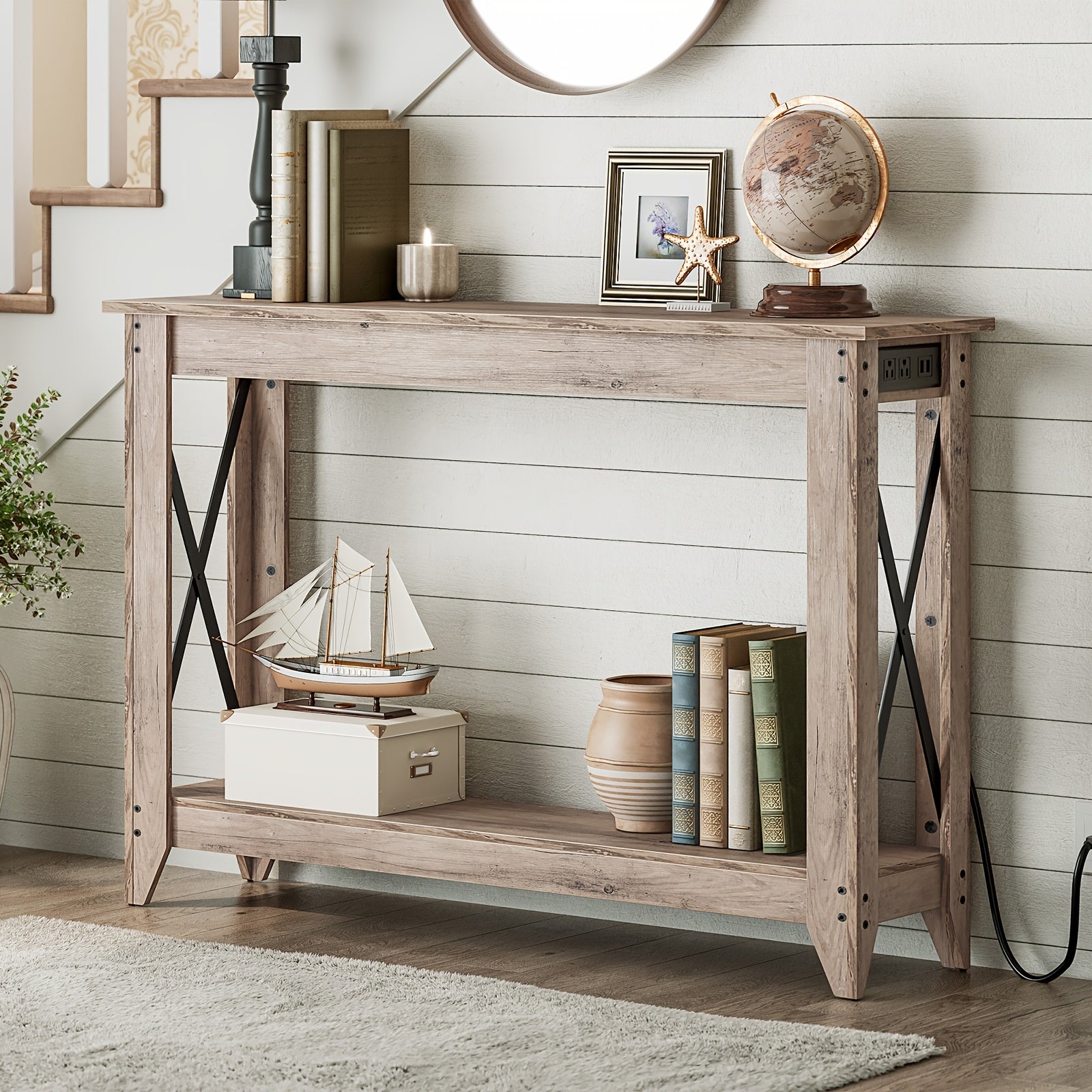 Rustic 120 cm Narrow Console Table with Built-In Power Outlet - Dual Tier Entryway Sofa Table for Foyer, Hallway & Living Room