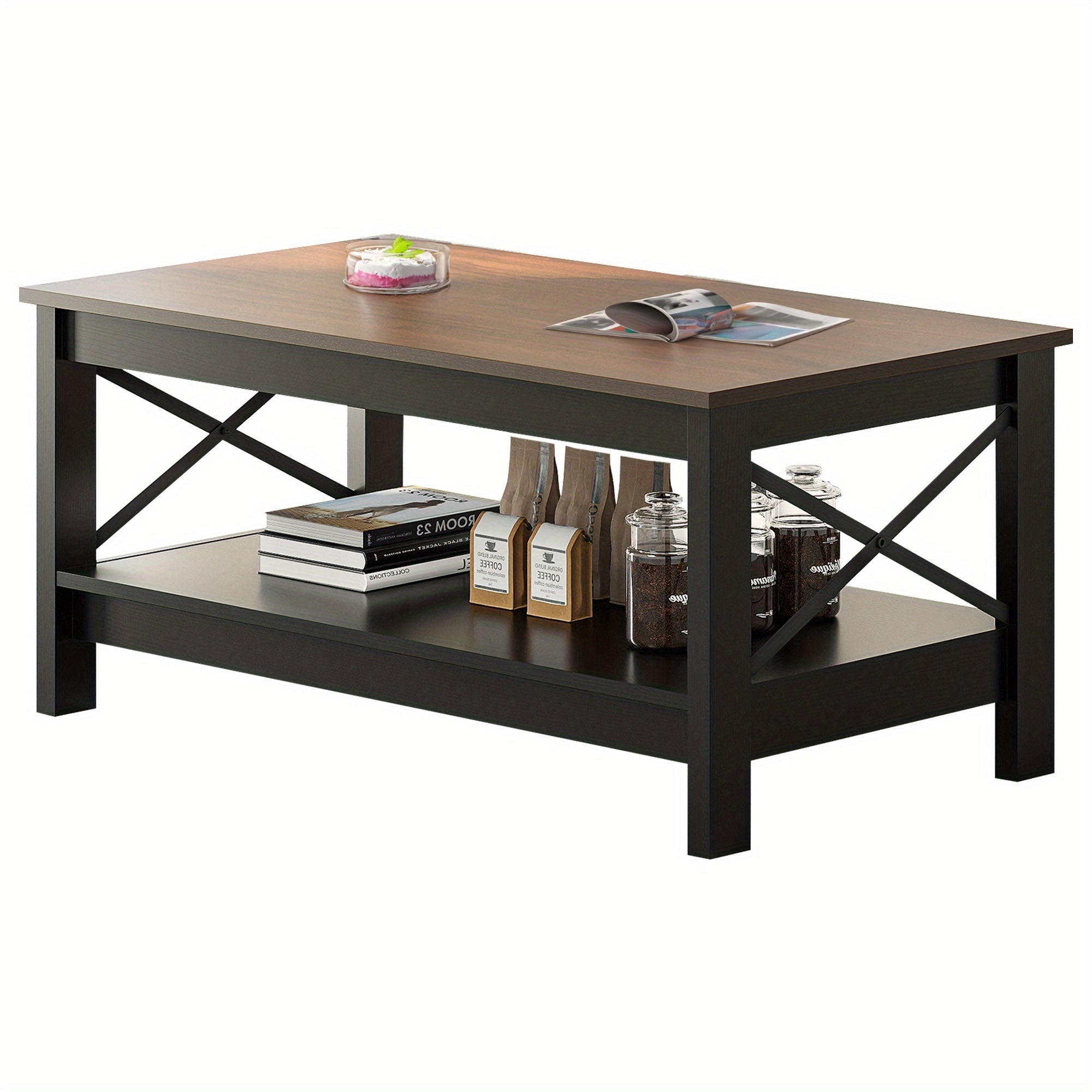 Rustic Farmhouse Coffee Table with Dual- Tier Brown Finish and Concealed Storage Compartment