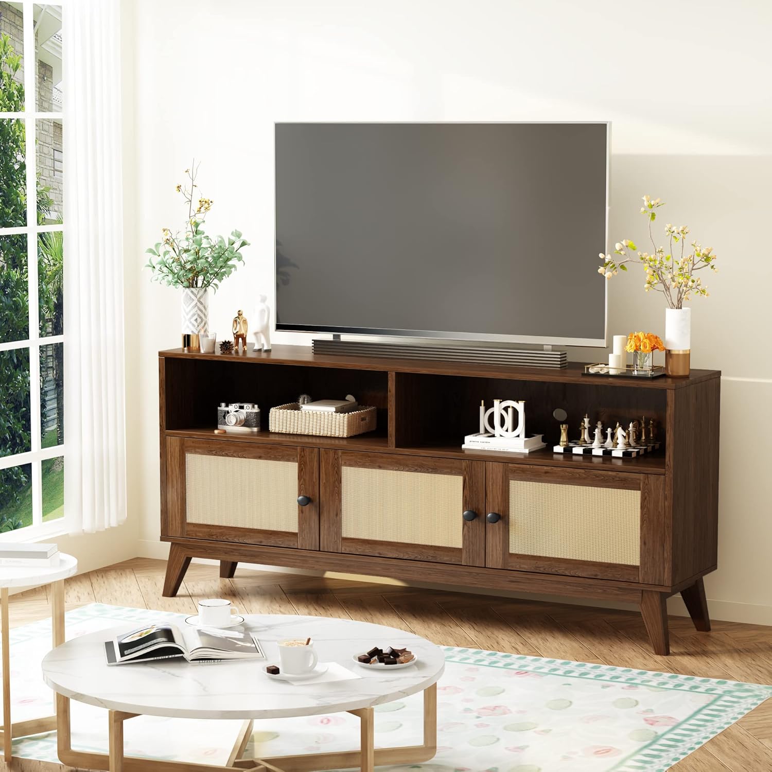 TV Stand for 57" TV, Mid Century Modern TV Console, Entertainment Center with 3 Storage Cabinet, TV Console Table for Living Room, Bedroom, Brown